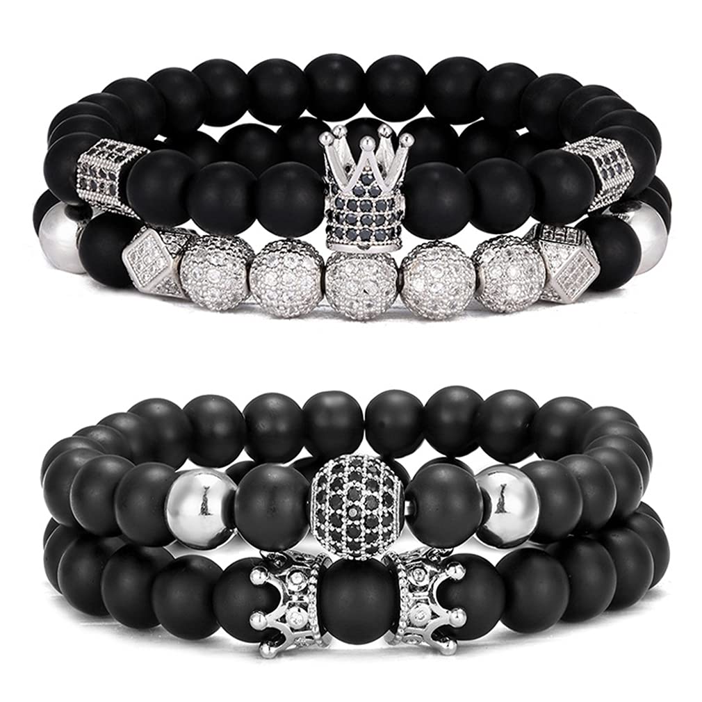 SONNYX 4Pcs 8mm Crown King Charm Beads Bracelet for Men Women Natural Black Matte Onyx Stone Beads Elastic Adjustable