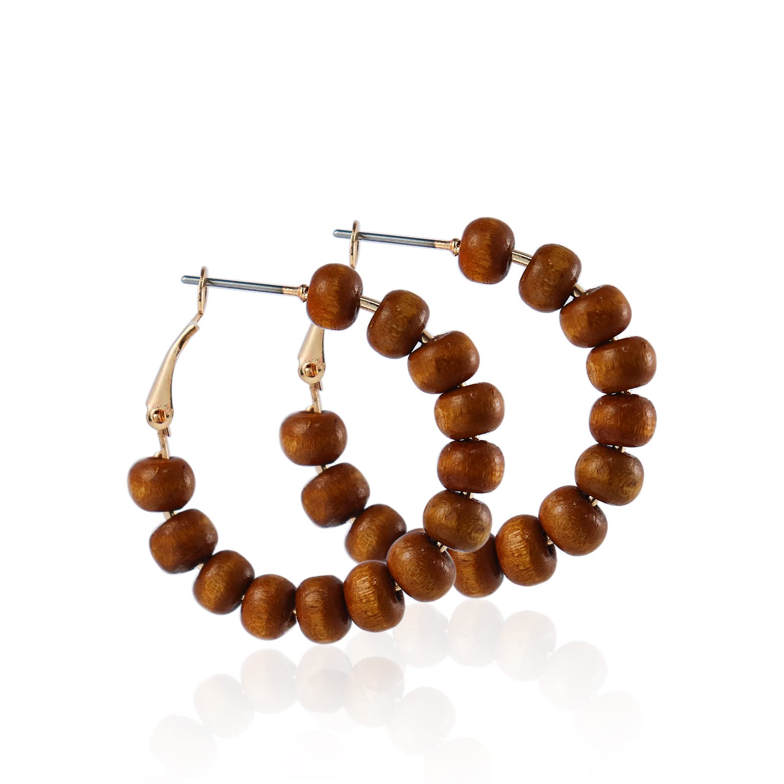 Vintage Wooden Beaded Hoop Earrings Bohemian Wood Beads Round Circle Earring Handmade Colorful Beaded Dangle Earrings for Women Jewelry