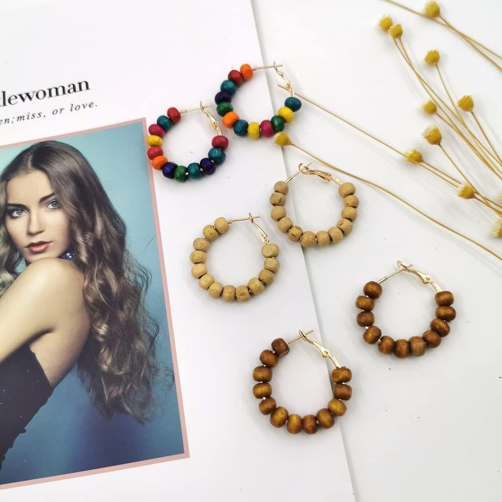 Vintage Wooden Beaded Hoop Earrings Bohemian Wood Beads Round Circle Earring Handmade Colorful Beaded Dangle Earrings for Women Jewelry