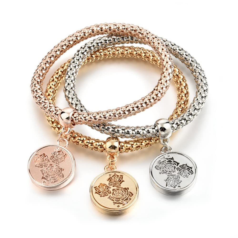 SILANER Crystal Charms Multilayer Bracelets - 3PCS Gold/Silver/Rose Gold Corn Chain Bracelet for Women, Tree of Life Heart Shaped Stretch Bracelet