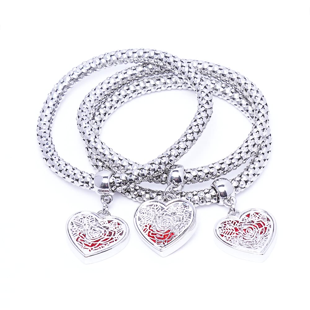 SILANER Crystal Charms Multilayer Bracelets - 3PCS Gold/Silver/Rose Gold Corn Chain Bracelet for Women, Tree of Life Heart Shaped Stretch Bracelet