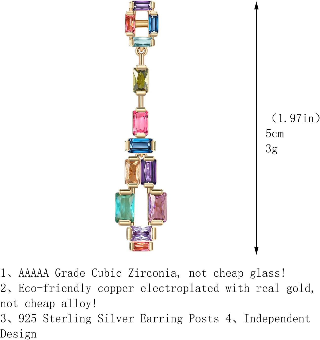 Multicolor Rainbow Crystal Long dangle Earrings for women Cubic Zirconia Square Gem Statement Drop Earrings for Prom Party Wedding Daily Wear