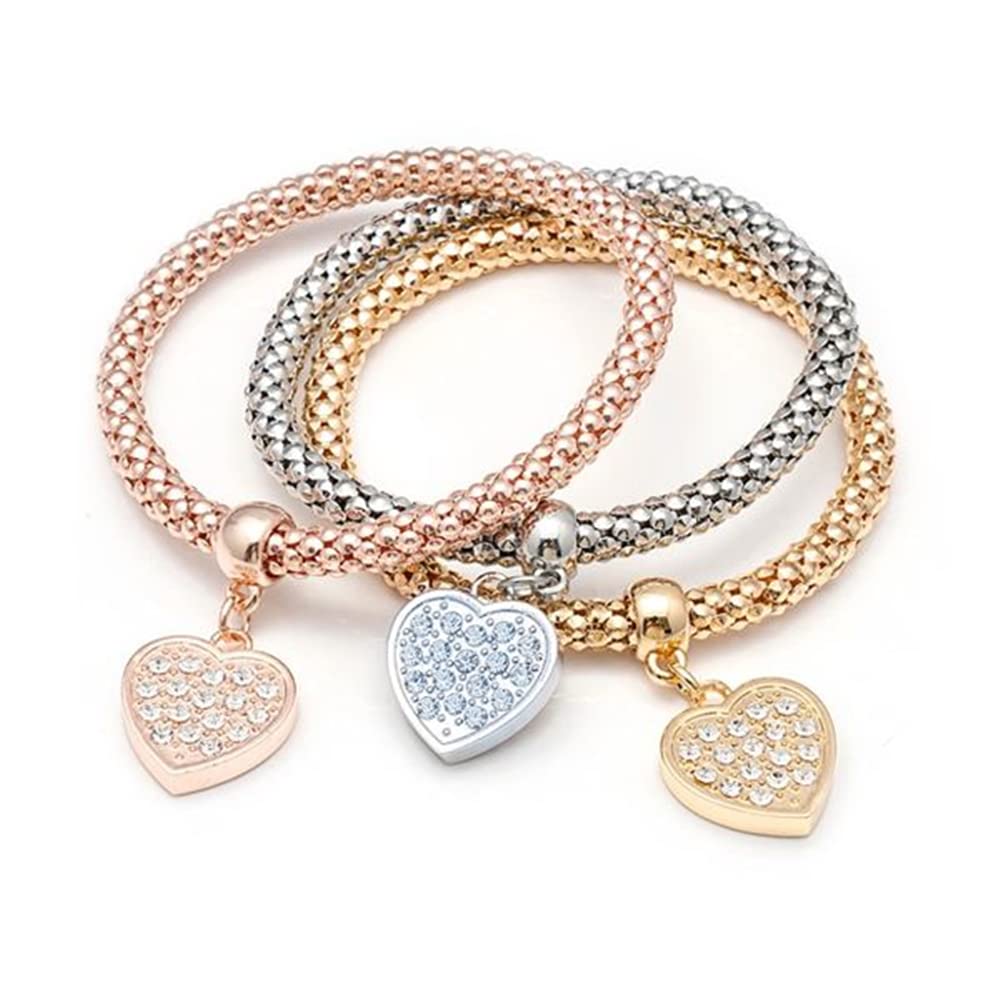 SILANER Crystal Charms Multilayer Bracelets - 3PCS Gold/Silver/Rose Gold Corn Chain Bracelet for Women, Tree of Life Heart Shaped Stretch Bracelet