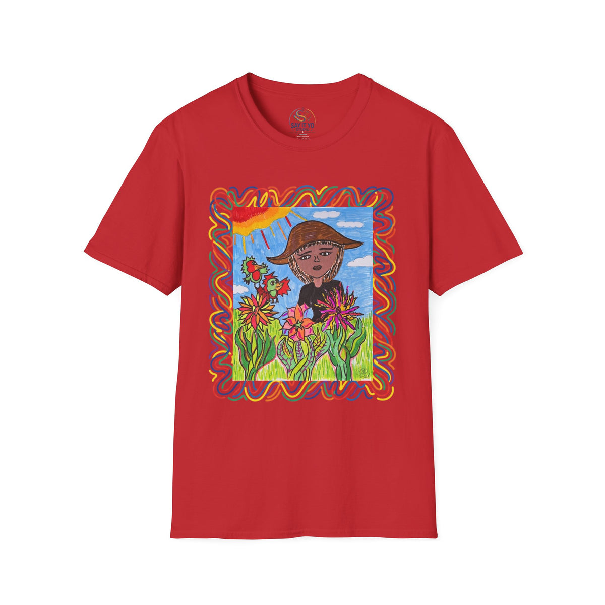 Artistic Sunflower Girl T-Shirt — Colorful Hand-Drawn Floral Tee