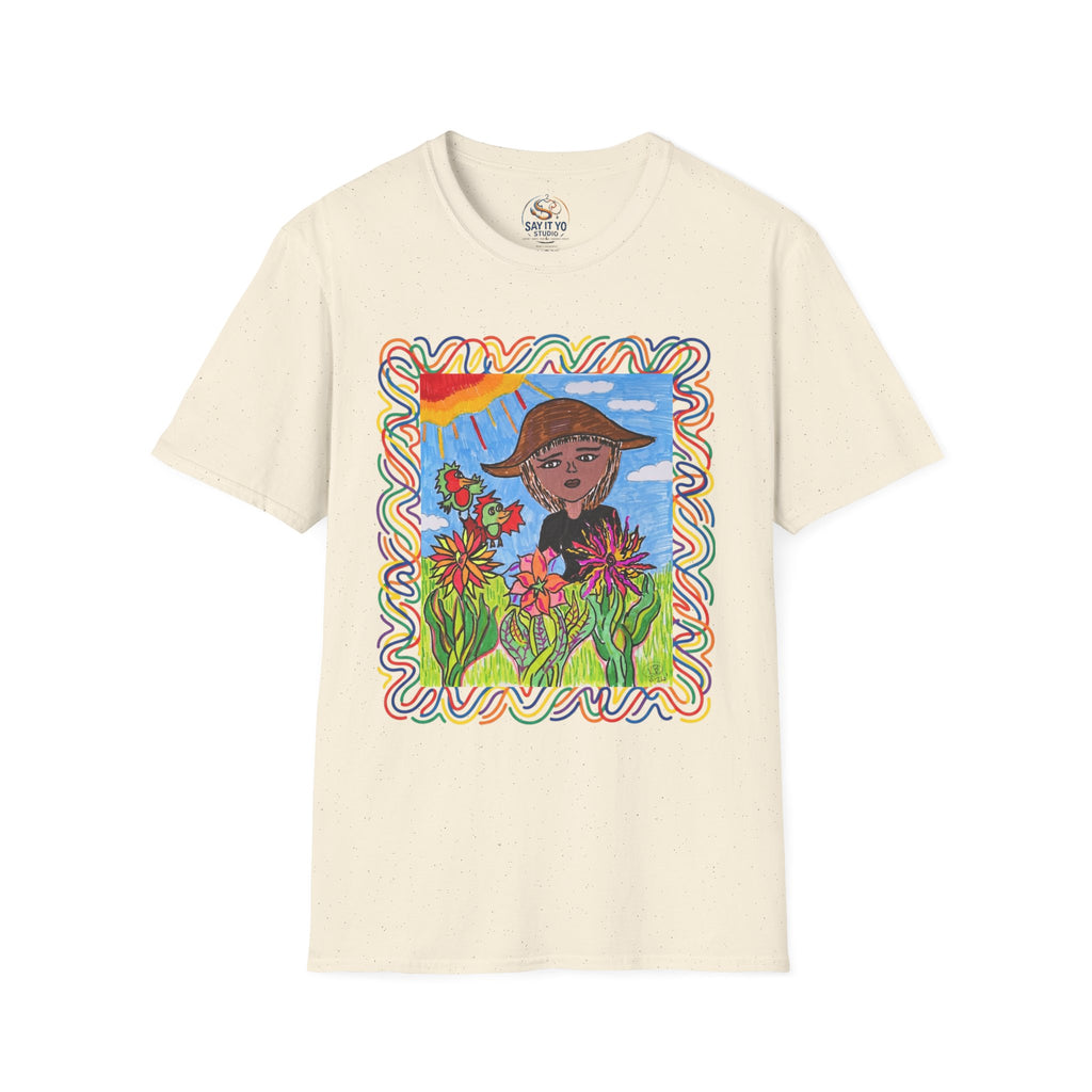 Artistic Sunflower Girl T-Shirt — Colorful Hand-Drawn Floral Tee