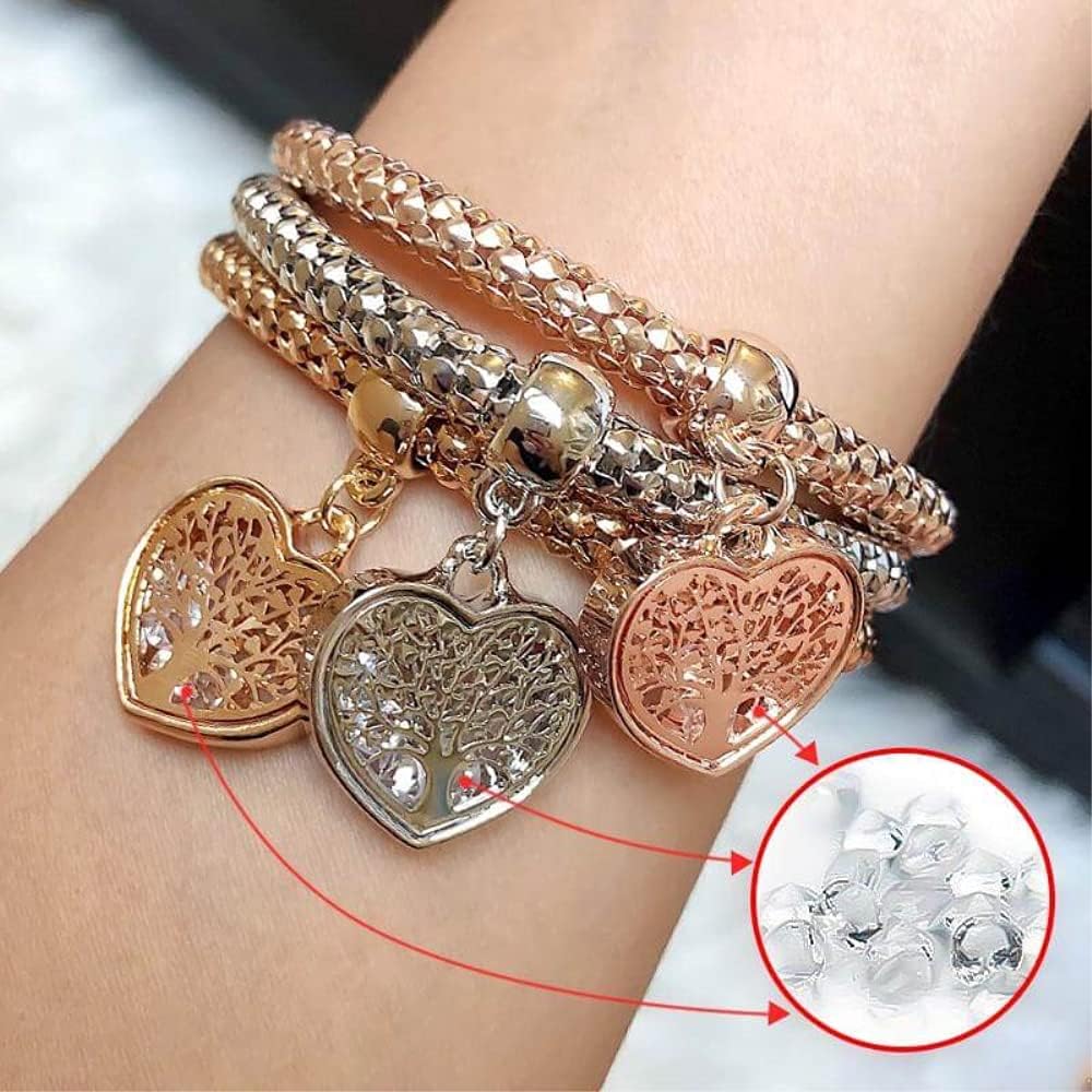 SILANER Crystal Charms Multilayer Bracelets - 3PCS Gold/Silver/Rose Gold Corn Chain Bracelet for Women, Tree of Life Heart Shaped Stretch Bracelet