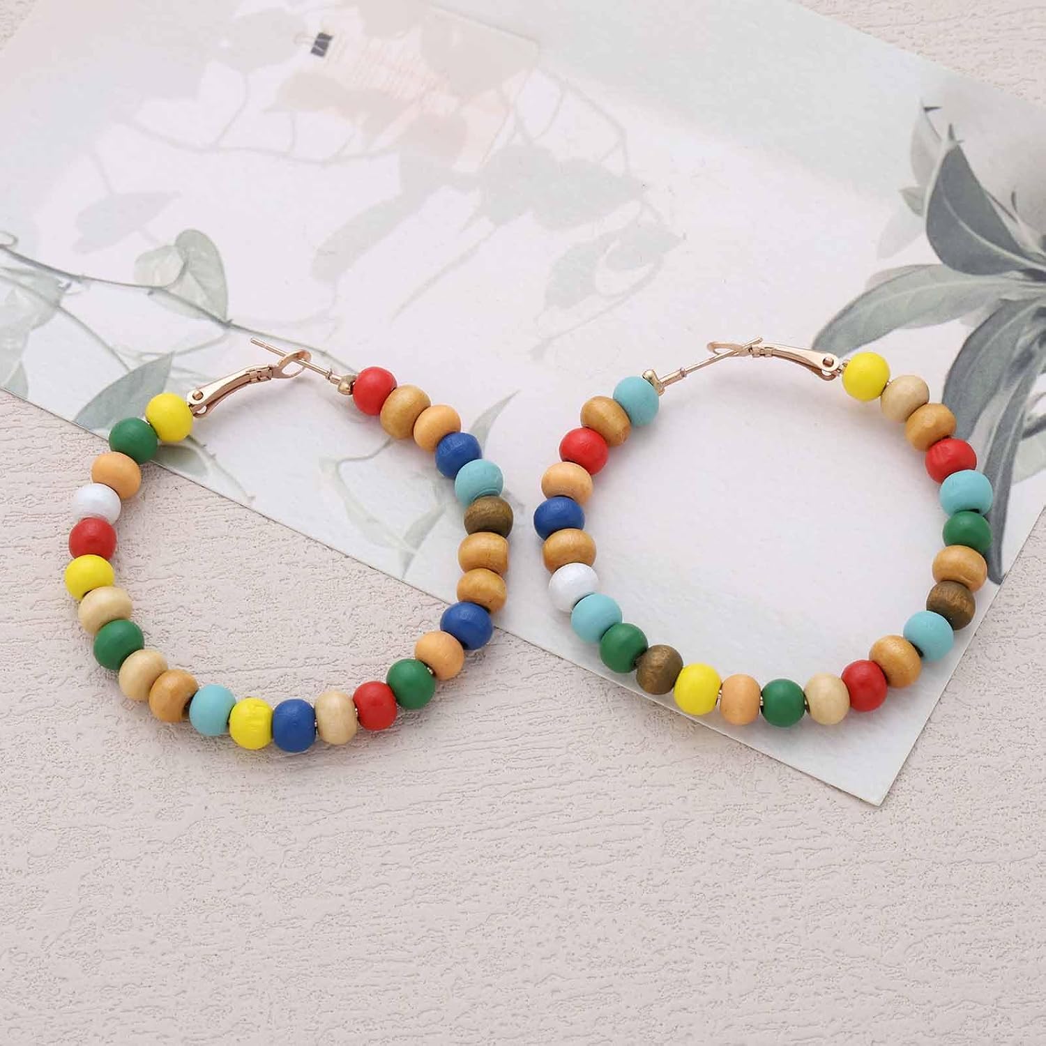 Boho Colorful Bead Hoop Earrings Rainbow Bead Huggie Hoop Earrings Circle Round Wood Beaded Earring Multi Color Wooden Beaded Hoop Dangle Earring Jewelry for Women