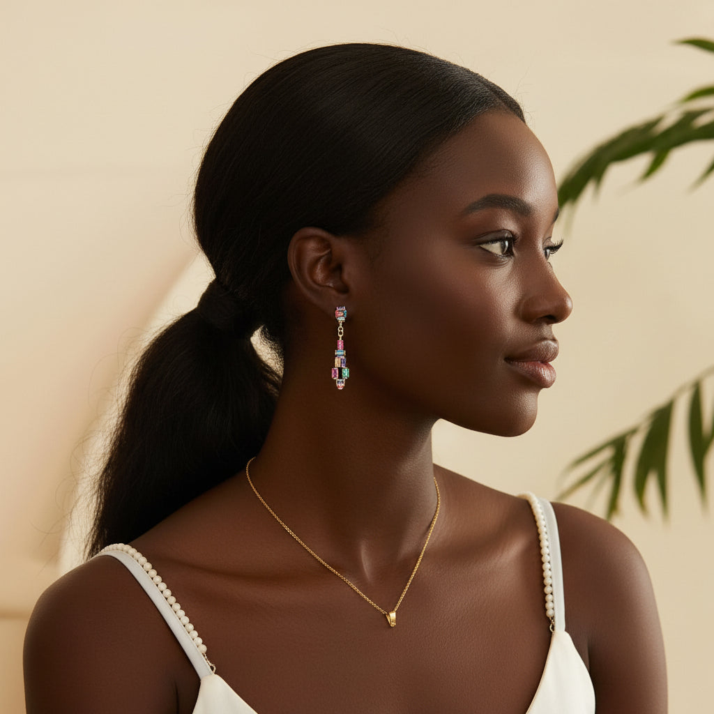Multicolor Rainbow Crystal Long dangle Earrings for women Cubic Zirconia Square Gem Statement Drop Earrings for Prom Party Wedding Daily Wear