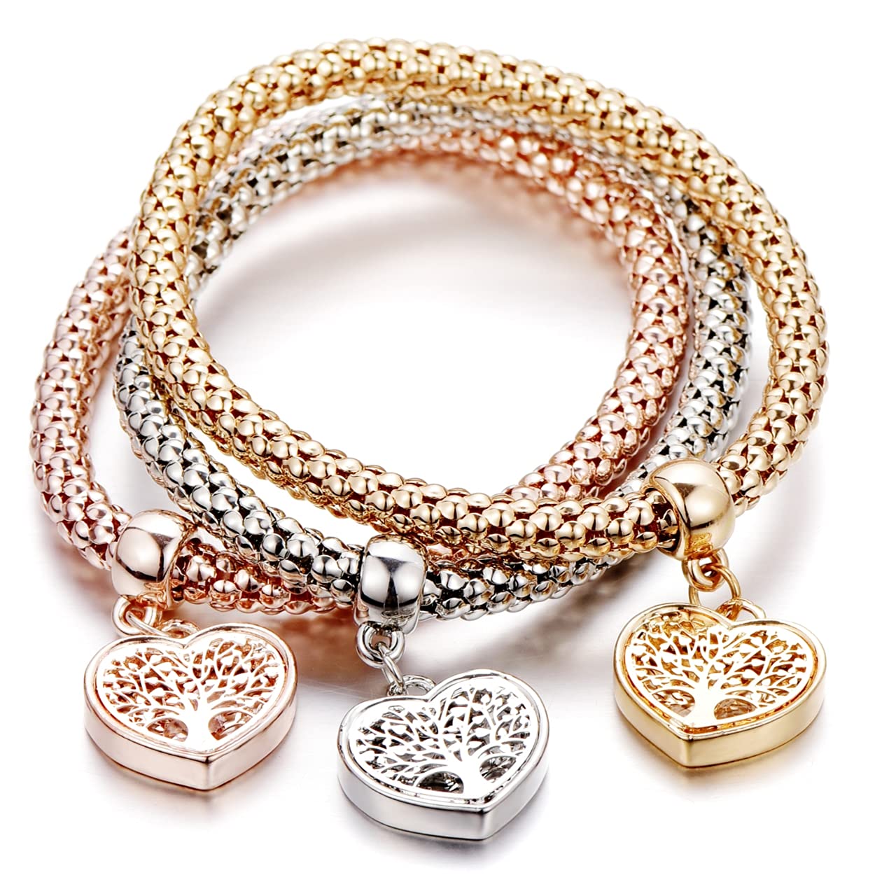 SILANER Crystal Charms Multilayer Bracelets - 3PCS Gold/Silver/Rose Gold Corn Chain Bracelet for Women, Tree of Life Heart Shaped Stretch Bracelet