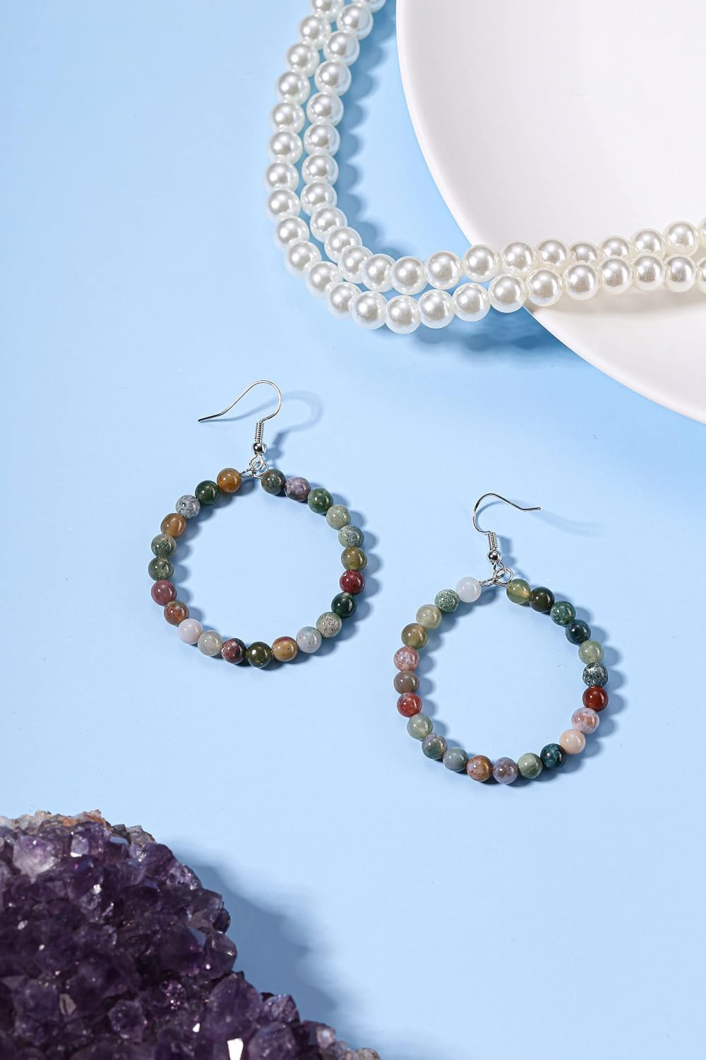 Jovivi Amethyst Rose Quartz Healing Crystals Beads Earrings Real Natural Stones Gemstone Hoop Dangle Earrings Reiki Quartz Jewelry for Women