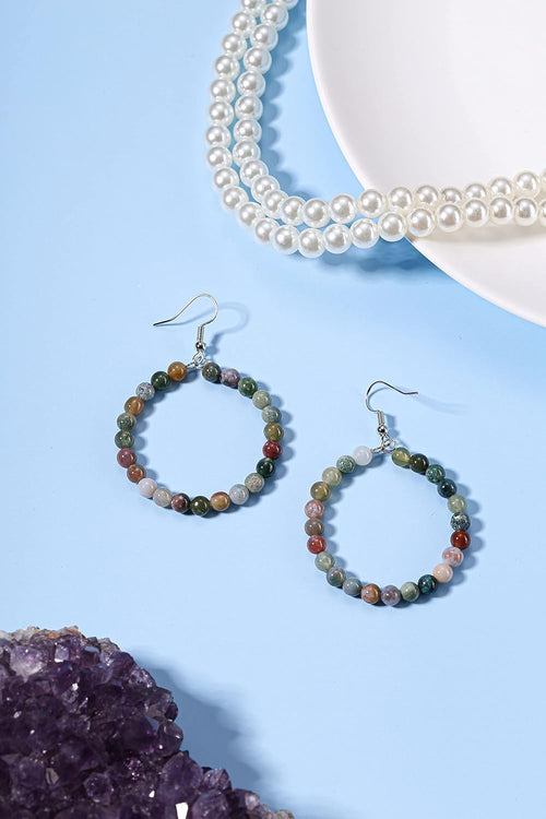 Jovivi Amethyst Rose Quartz Healing Crystals Beads Earrings Real Natural Stones Gemstone Hoop Dangle Earrings Reiki Quartz Jewelry for Women
