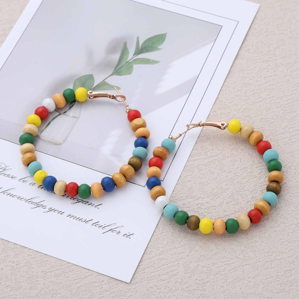 Boho Colorful Bead Hoop Earrings Rainbow Bead Huggie Hoop Earrings Circle Round Wood Beaded Earring Multi Color Wooden Beaded Hoop Dangle Earring Jewelry for Women