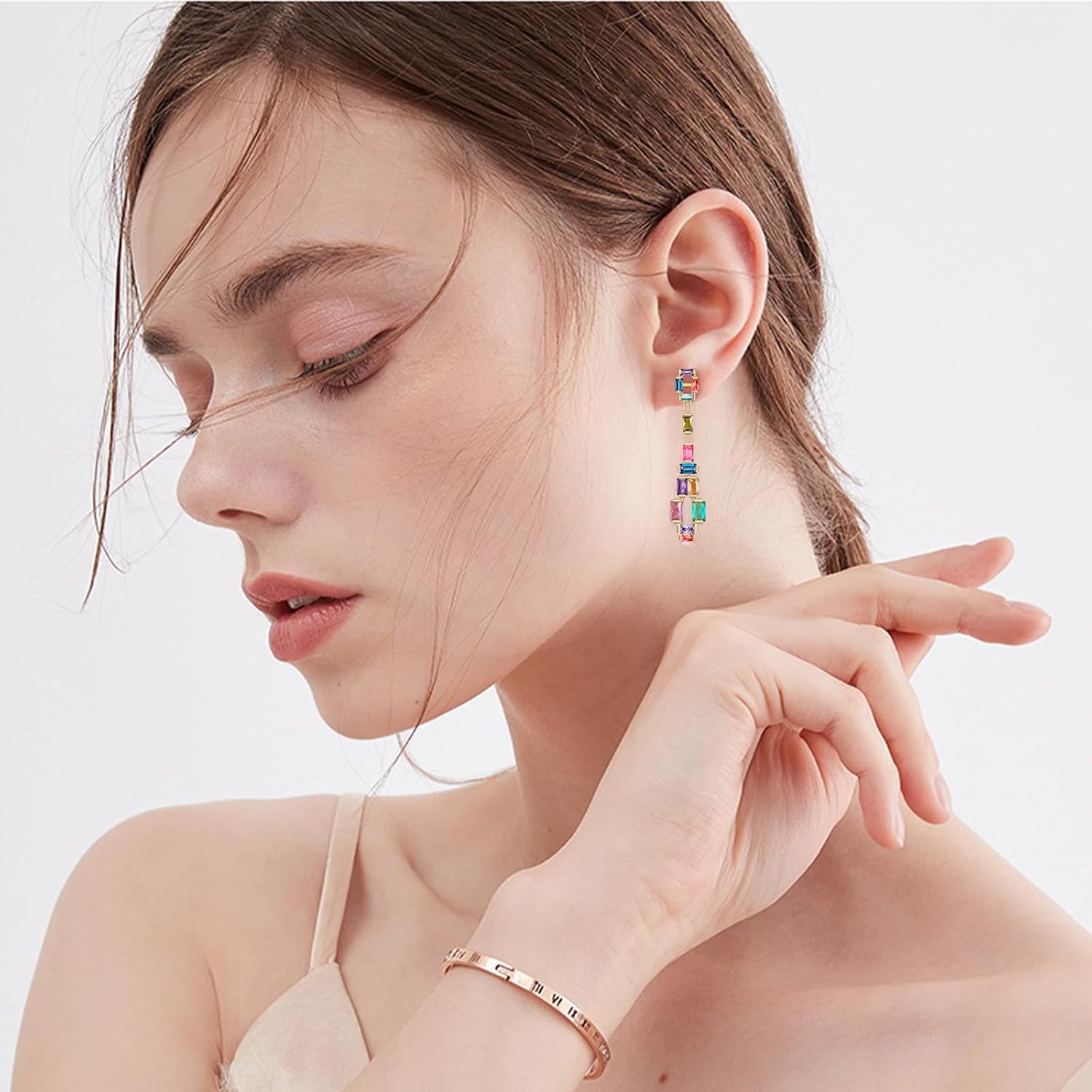Multicolor Rainbow Crystal Long dangle Earrings for women Cubic Zirconia Square Gem Statement Drop Earrings for Prom Party Wedding Daily Wear
