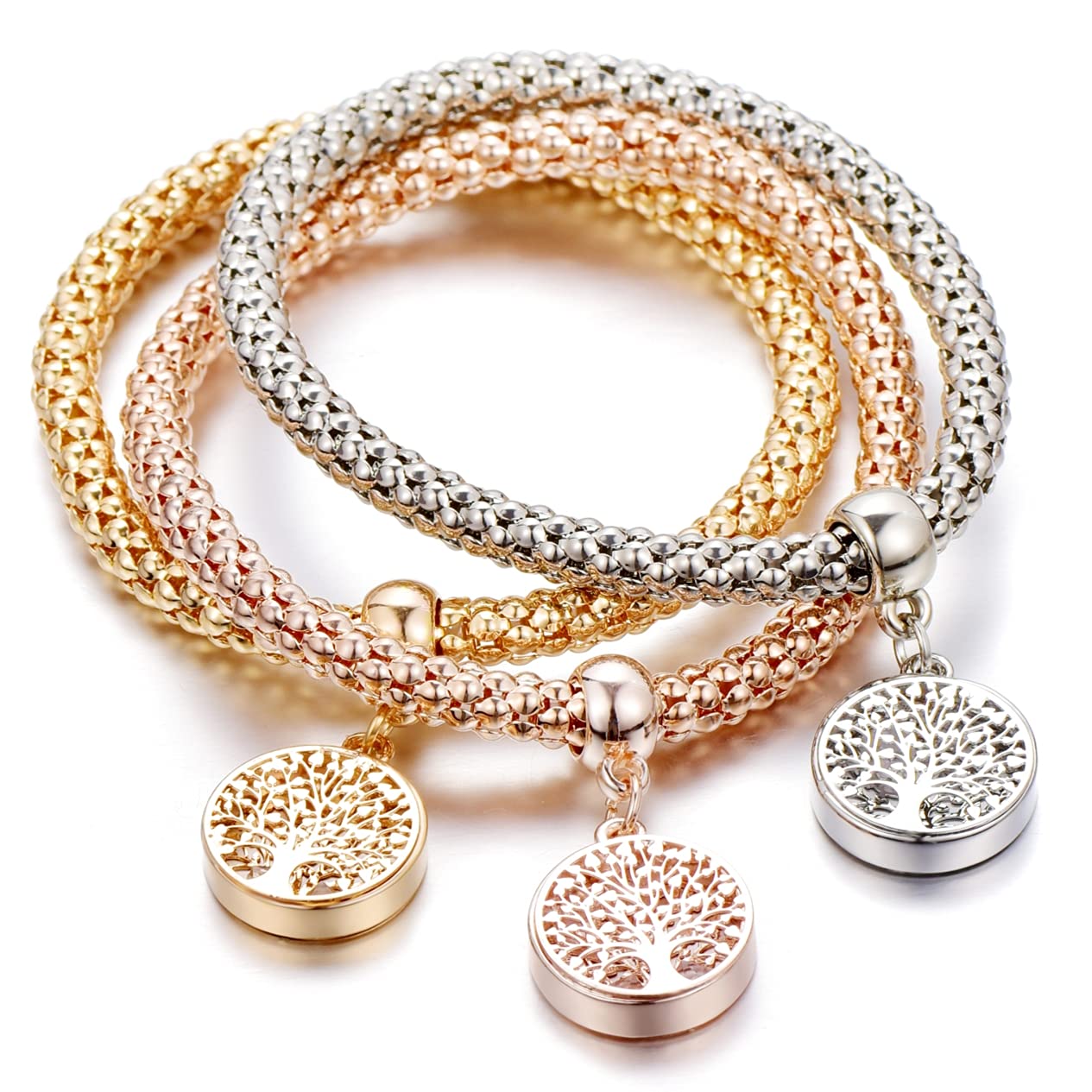 SILANER Crystal Charms Multilayer Bracelets - 3PCS Gold/Silver/Rose Gold Corn Chain Bracelet for Women, Tree of Life Heart Shaped Stretch Bracelet