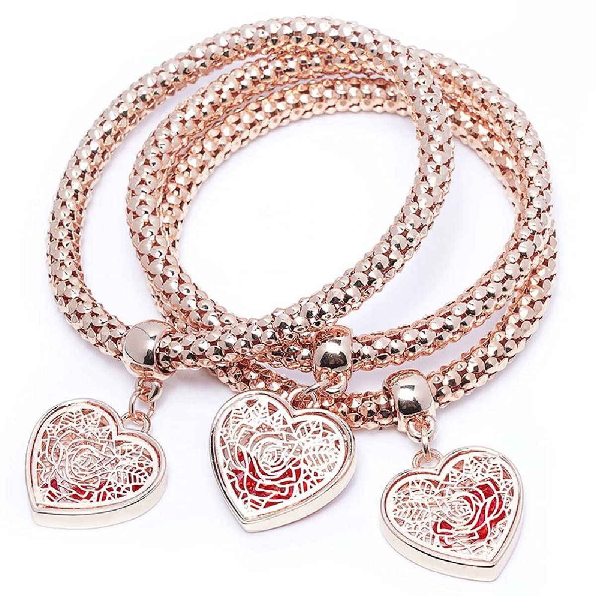 SILANER Crystal Charms Multilayer Bracelets - 3PCS Gold/Silver/Rose Gold Corn Chain Bracelet for Women, Tree of Life Heart Shaped Stretch Bracelet