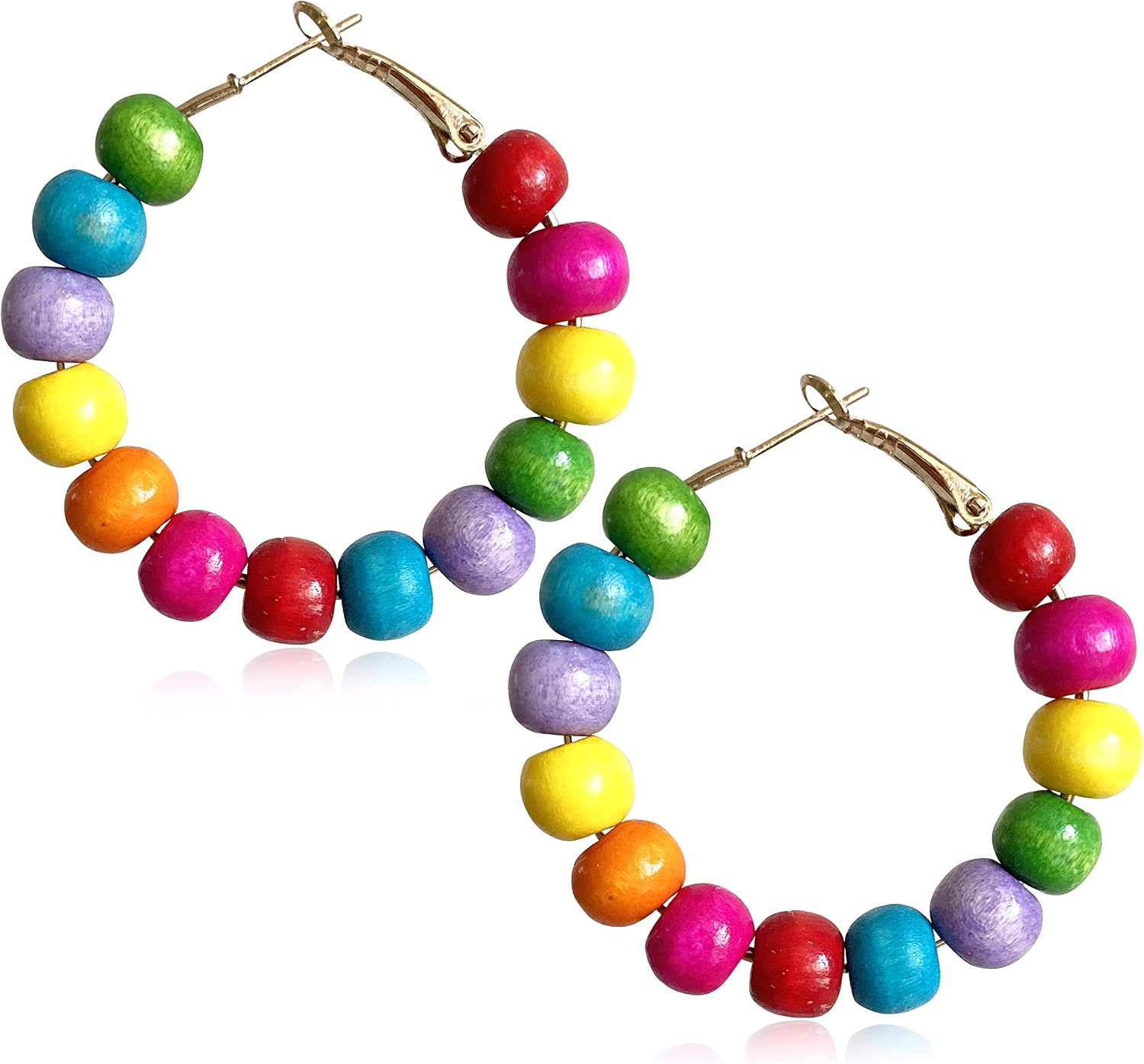 Handmade Nature Wooden Beaded Hoop Earrings Bohemian Minimalist Colorful Circle Round Wood Bead Earrings Vintage Chic Wooden Ethnic Dangle Drop Earrings for Women Statement Jewelry Gifts