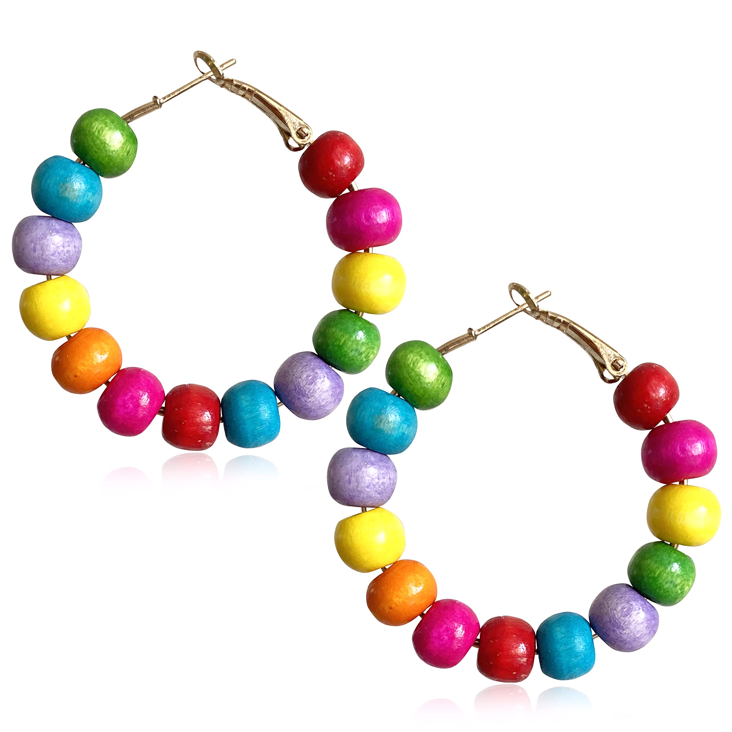 Handmade Nature Wooden Beaded Hoop Earrings Bohemian Minimalist Colorful Circle Round Wood Bead Earrings Vintage Chic Wooden Ethnic Dangle Drop Earrings for Women Statement Jewelry Gifts