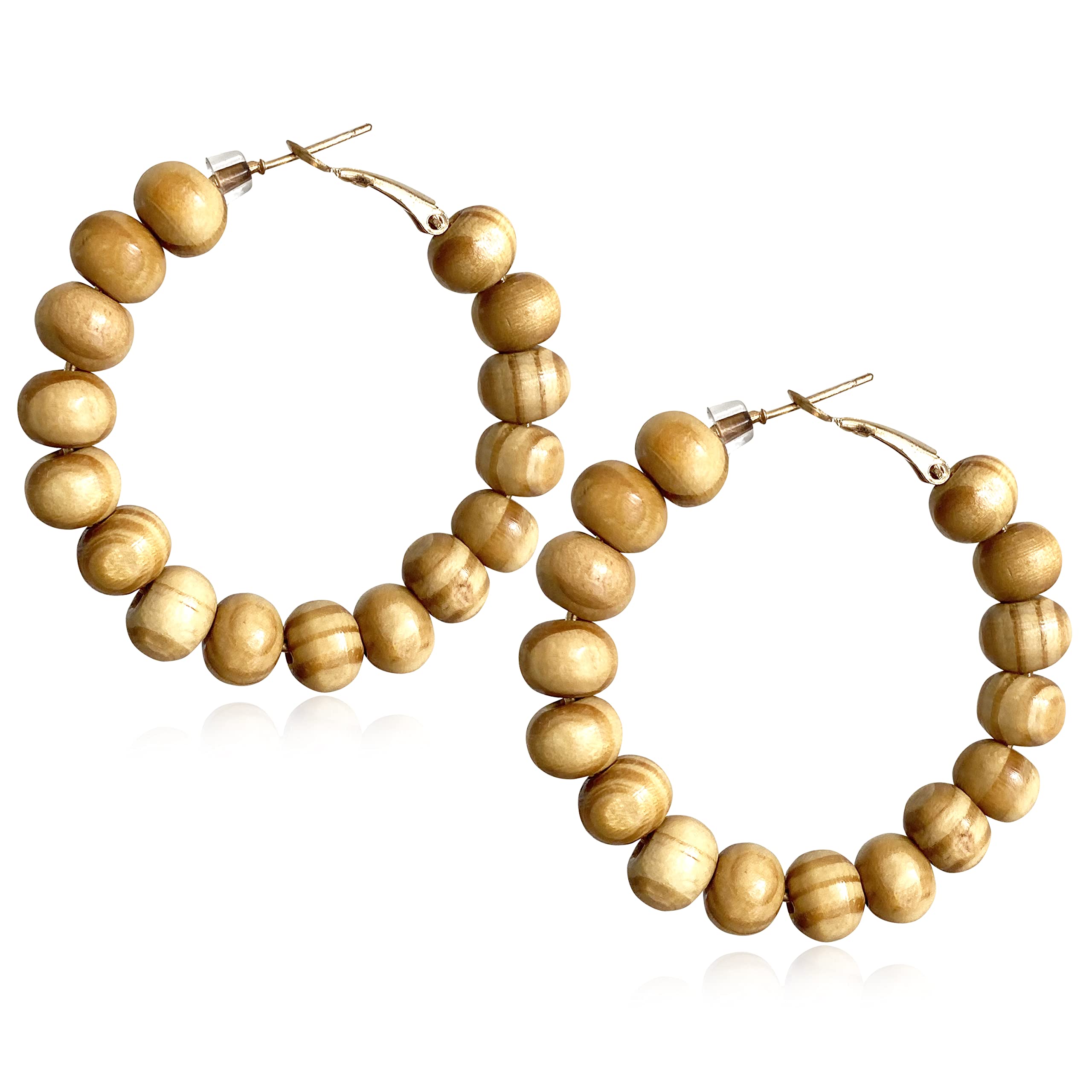Handmade Nature Wooden Beaded Hoop Earrings Bohemian Minimalist Colorful Circle Round Wood Bead Earrings Vintage Chic Wooden Ethnic Dangle Drop Earrings for Women Statement Jewelry Gifts