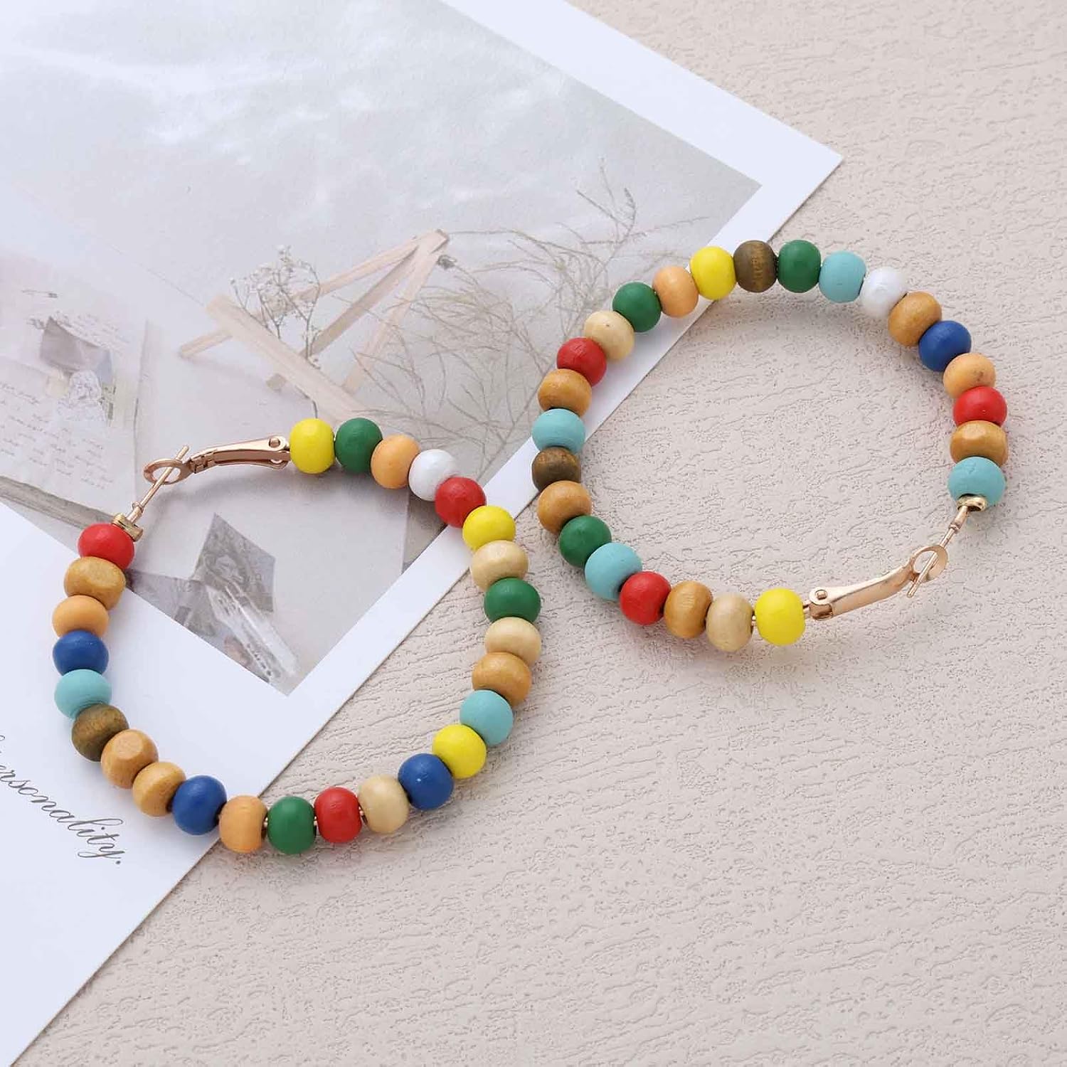 Boho Colorful Bead Hoop Earrings Rainbow Bead Huggie Hoop Earrings Circle Round Wood Beaded Earring Multi Color Wooden Beaded Hoop Dangle Earring Jewelry for Women