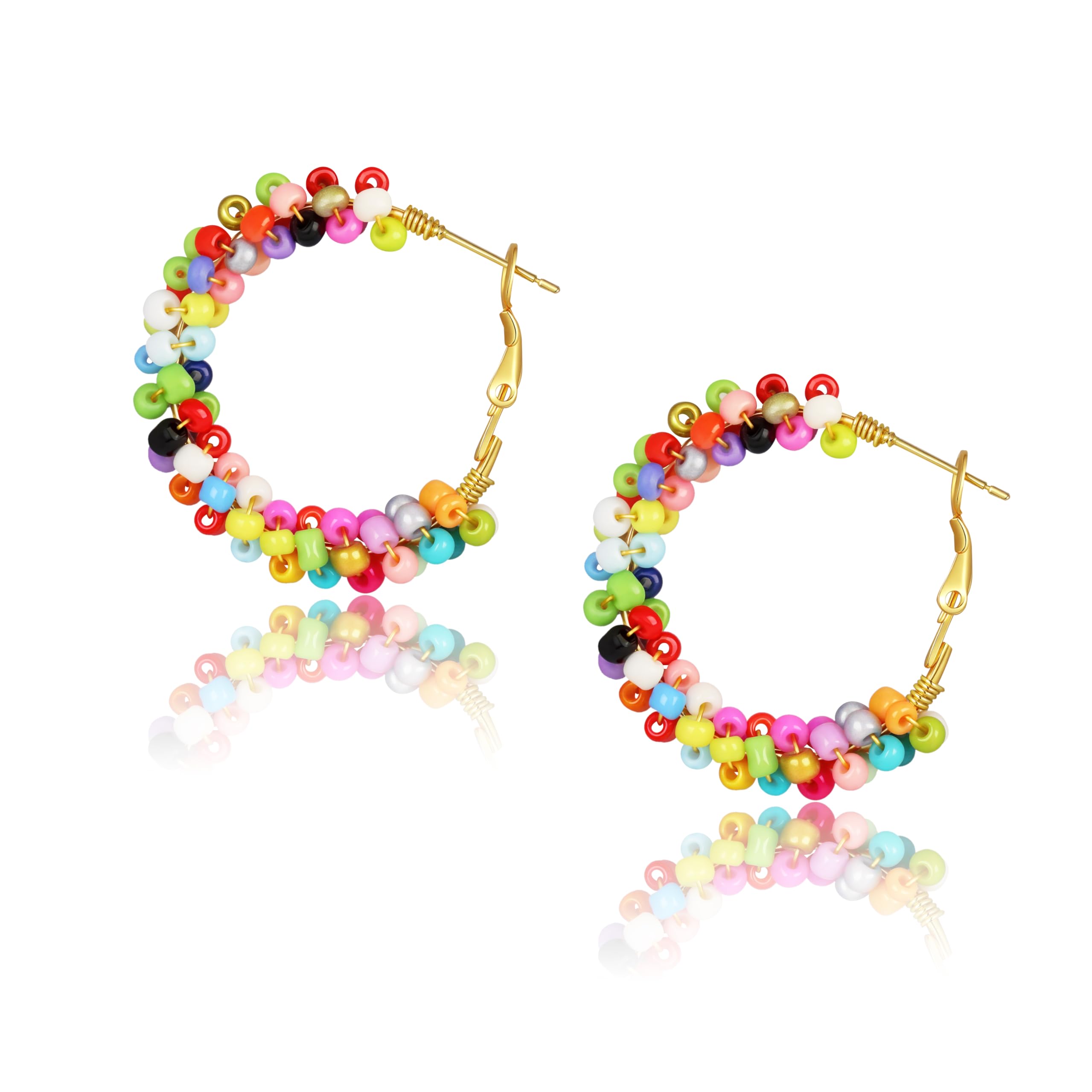 Colorful Fun Beaded Earrings for Women，Boho Flower Hoop Earrings，Exquisite Handmade Beaded Earrings