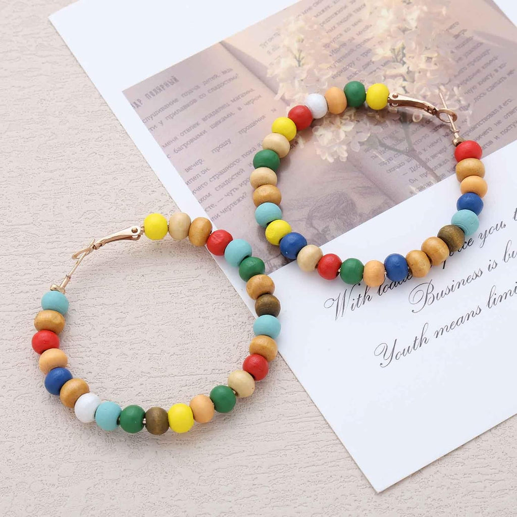 Boho Colorful Bead Hoop Earrings Rainbow Bead Huggie Hoop Earrings Circle Round Wood Beaded Earring Multi Color Wooden Beaded Hoop Dangle Earring Jewelry for Women