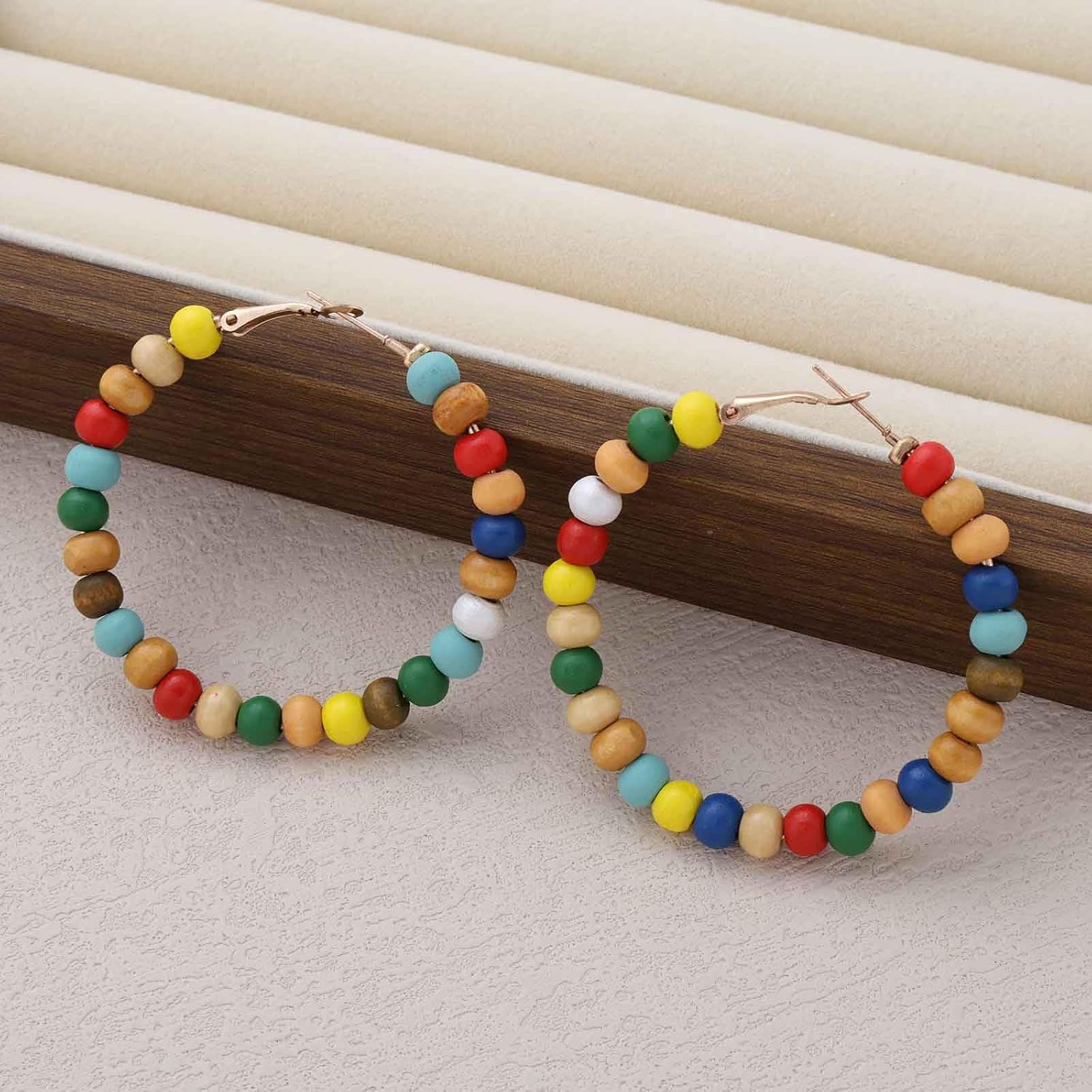 Boho Colorful Bead Hoop Earrings Rainbow Bead Huggie Hoop Earrings Circle Round Wood Beaded Earring Multi Color Wooden Beaded Hoop Dangle Earring Jewelry for Women