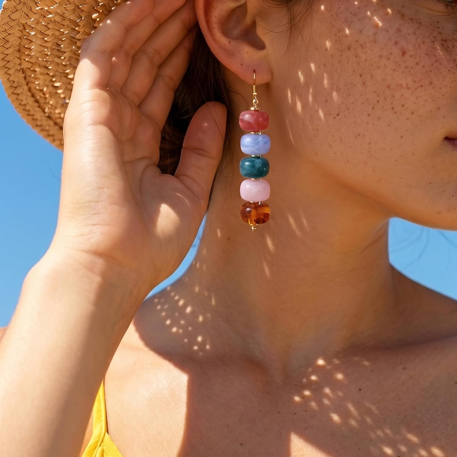 SHERLOVE Chunky Statement Large Resin Beaded Dangle Earrings Women Trendy | Cute Fun Hypoallergenic Lightweight 14K Gold Plated Dangle Dangly Dangling Drop Earrings,Boho Summer Beach Vacation Jewelry
