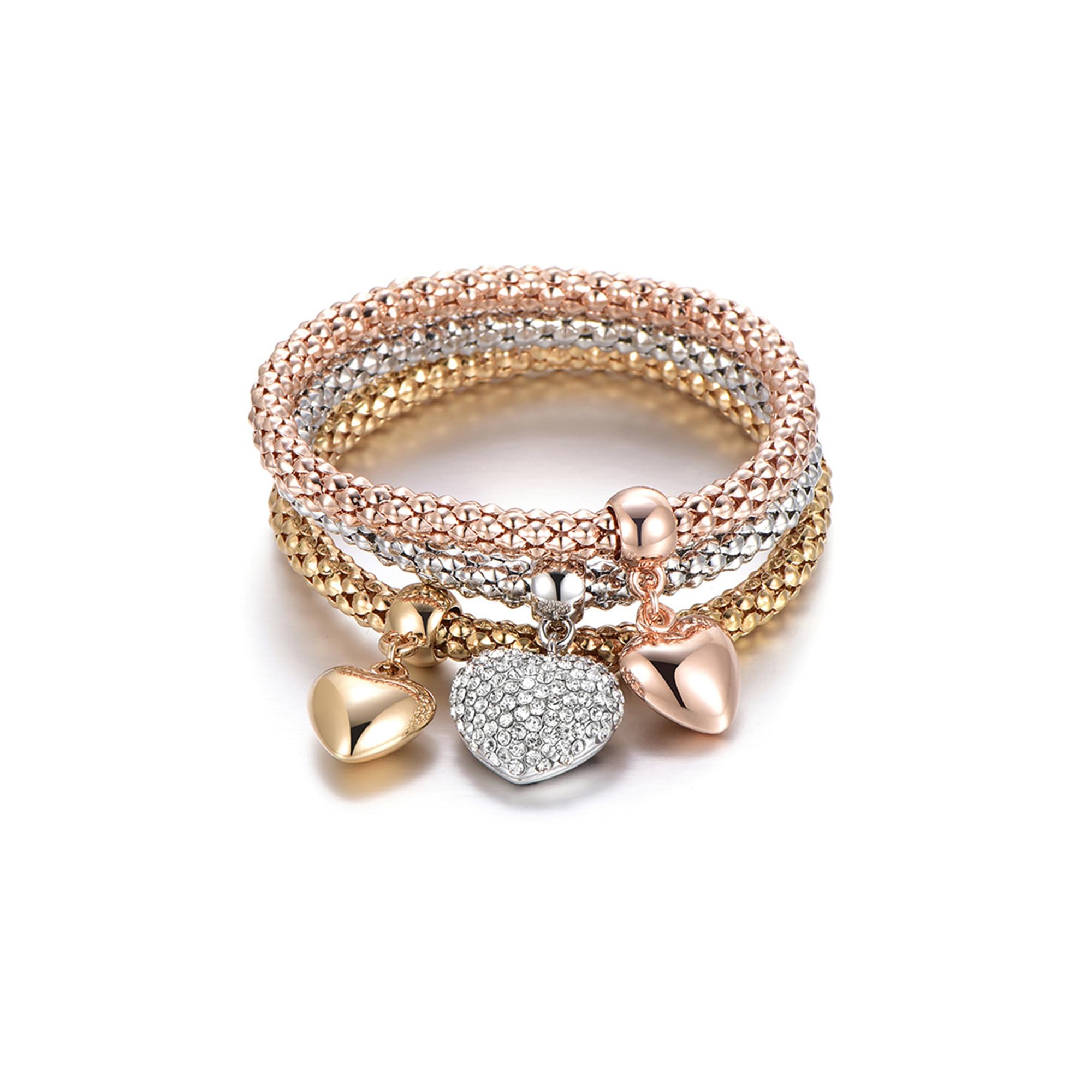 SILANER Crystal Charms Multilayer Bracelets - 3PCS Gold/Silver/Rose Gold Corn Chain Bracelet for Women, Tree of Life Heart Shaped Stretch Bracelet