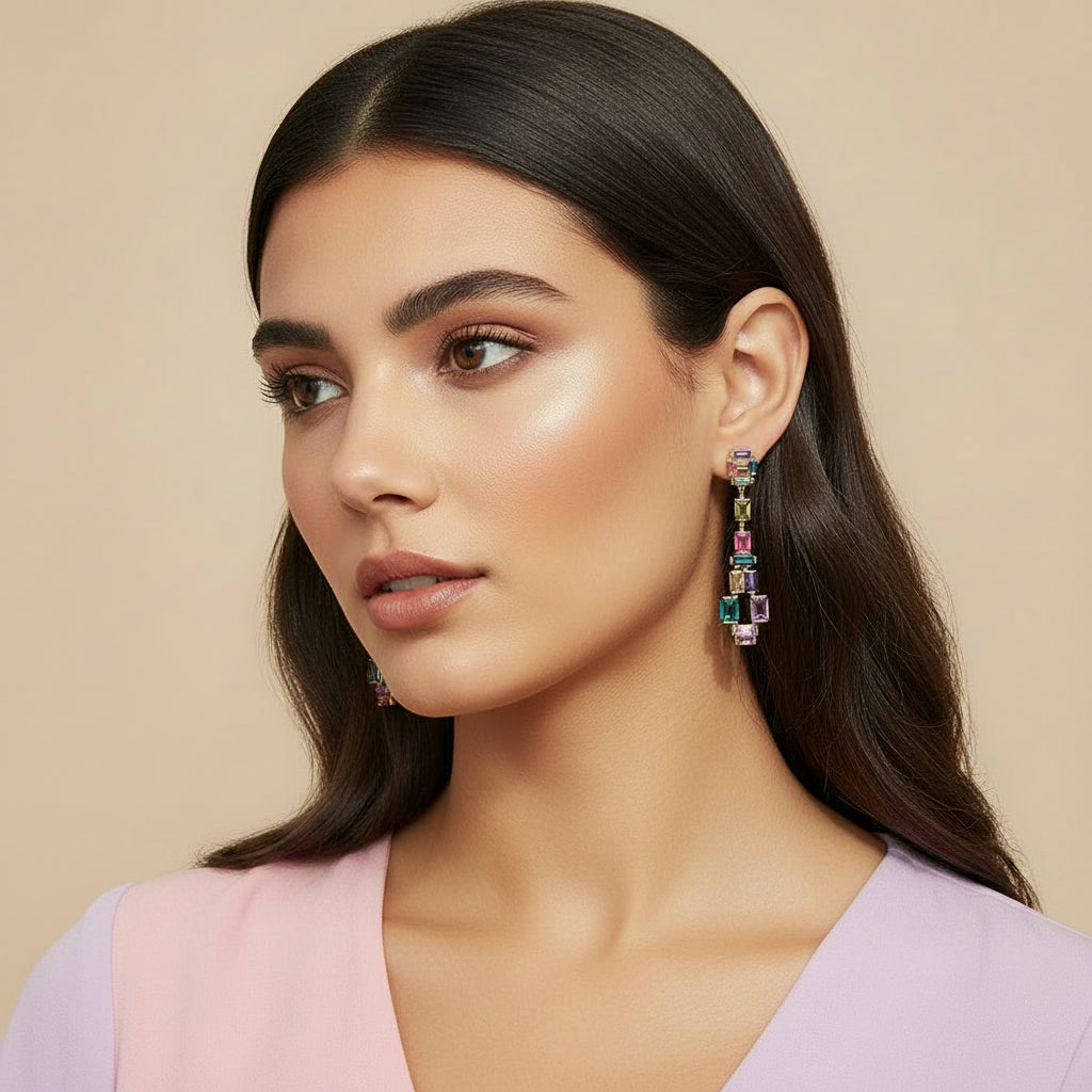 Multicolor Rainbow Crystal Long dangle Earrings for women Cubic Zirconia Square Gem Statement Drop Earrings for Prom Party Wedding Daily Wear
