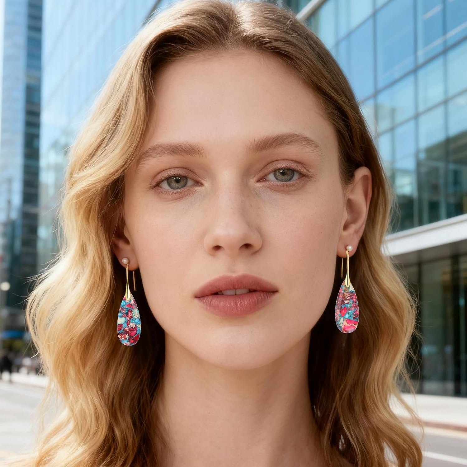 Natural Healing Crystal Teardrop Earrings for Women, Copper Hook Dangle Drop Stone Boho Jewelry, Lightweight Aesthetic Gifts Everyday Wear