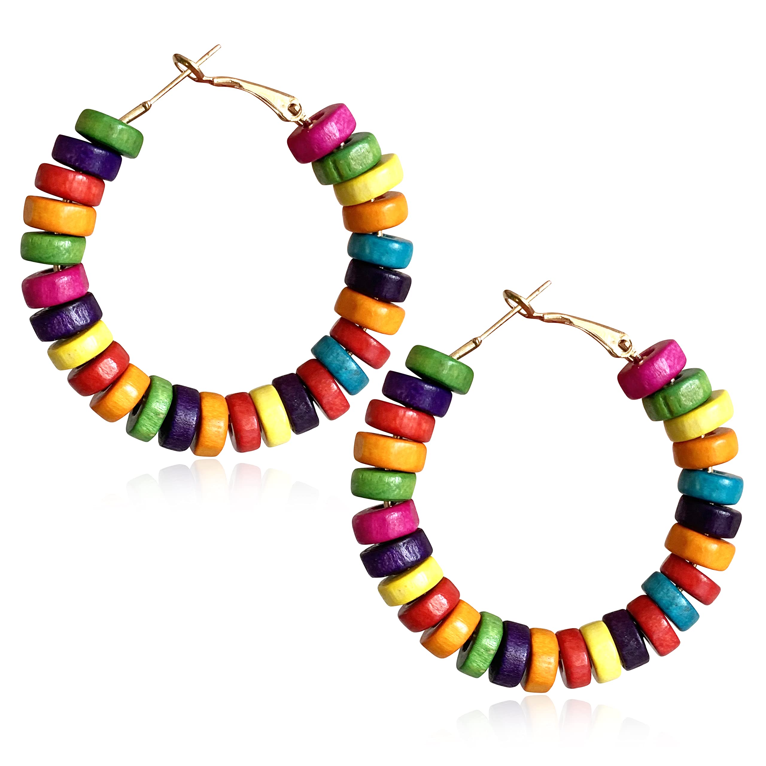 Handmade Nature Wooden Beaded Hoop Earrings Bohemian Minimalist Colorful Circle Round Wood Bead Earrings Vintage Chic Wooden Ethnic Dangle Drop Earrings for Women Statement Jewelry Gifts