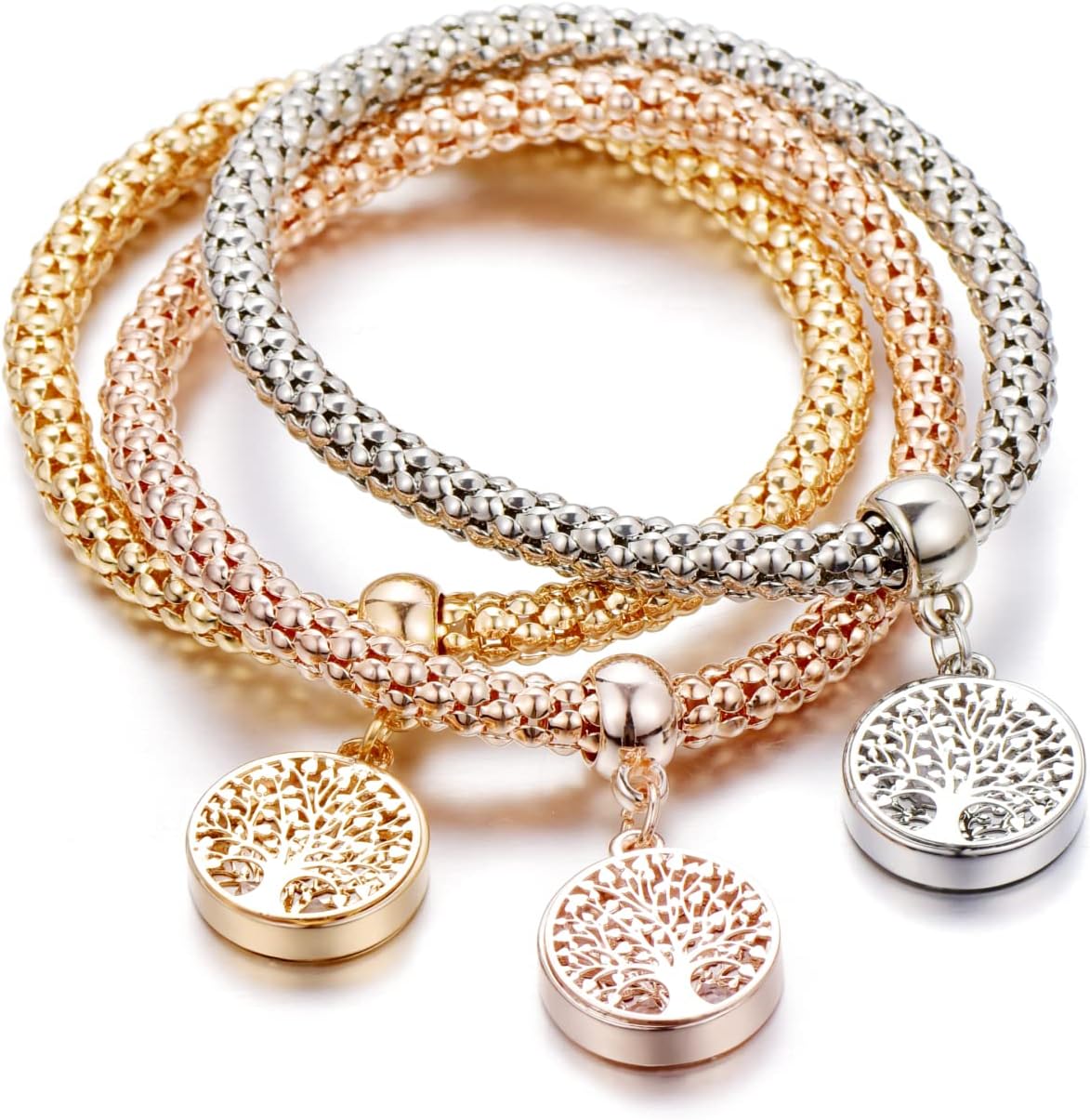 SILANER Crystal Charms Multilayer Bracelets - 3PCS Gold/Silver/Rose Gold Corn Chain Bracelet for Women, Tree of Life Heart Shaped Stretch Bracelet