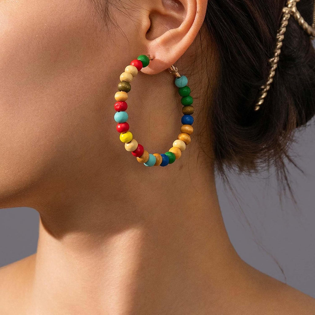 Boho Colorful Bead Hoop Earrings Rainbow Bead Huggie Hoop Earrings Circle Round Wood Beaded Earring Multi Color Wooden Beaded Hoop Dangle Earring Jewelry for Women