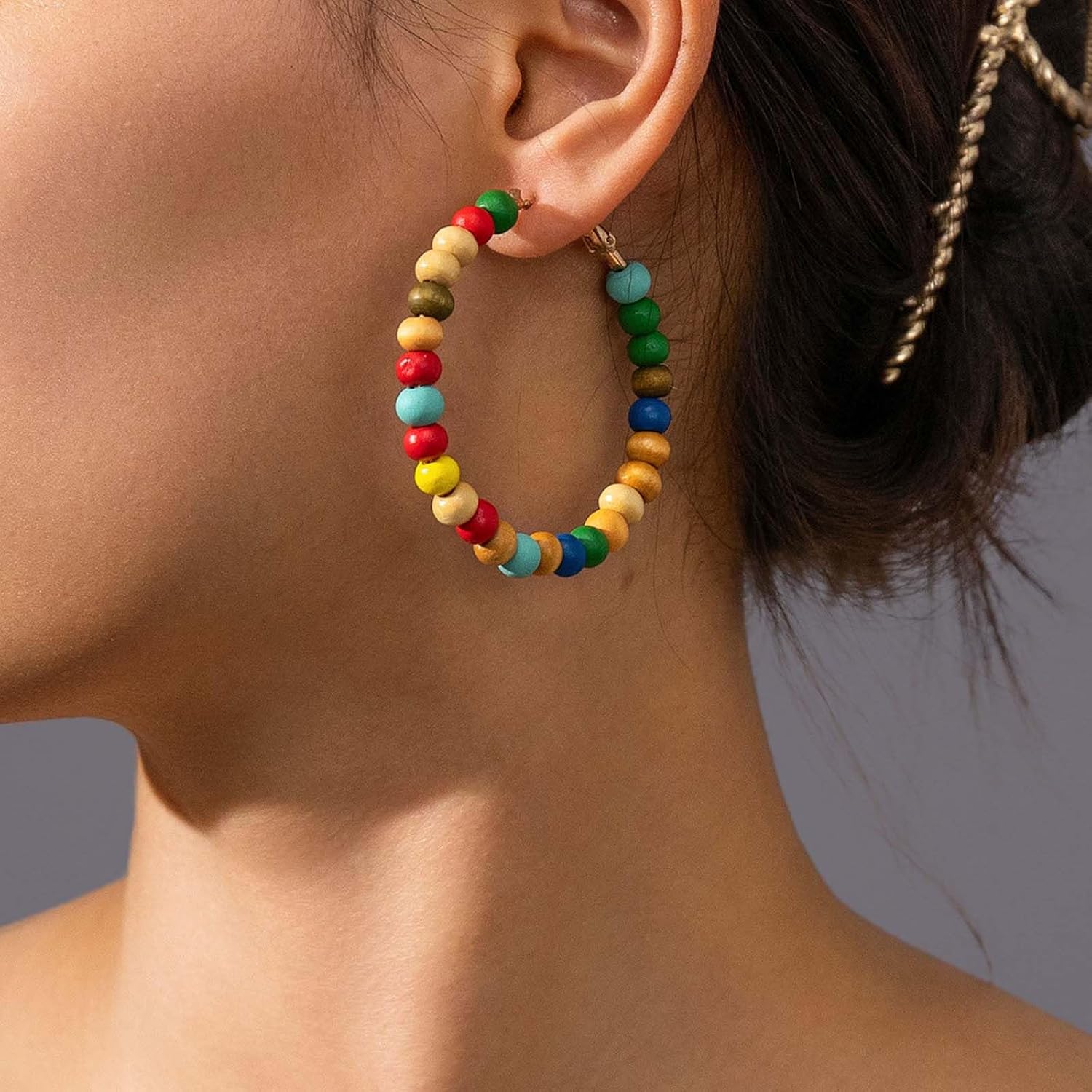 Boho Colorful Bead Hoop Earrings Rainbow Bead Huggie Hoop Earrings Circle Round Wood Beaded Earring Multi Color Wooden Beaded Hoop Dangle Earring Jewelry for Women