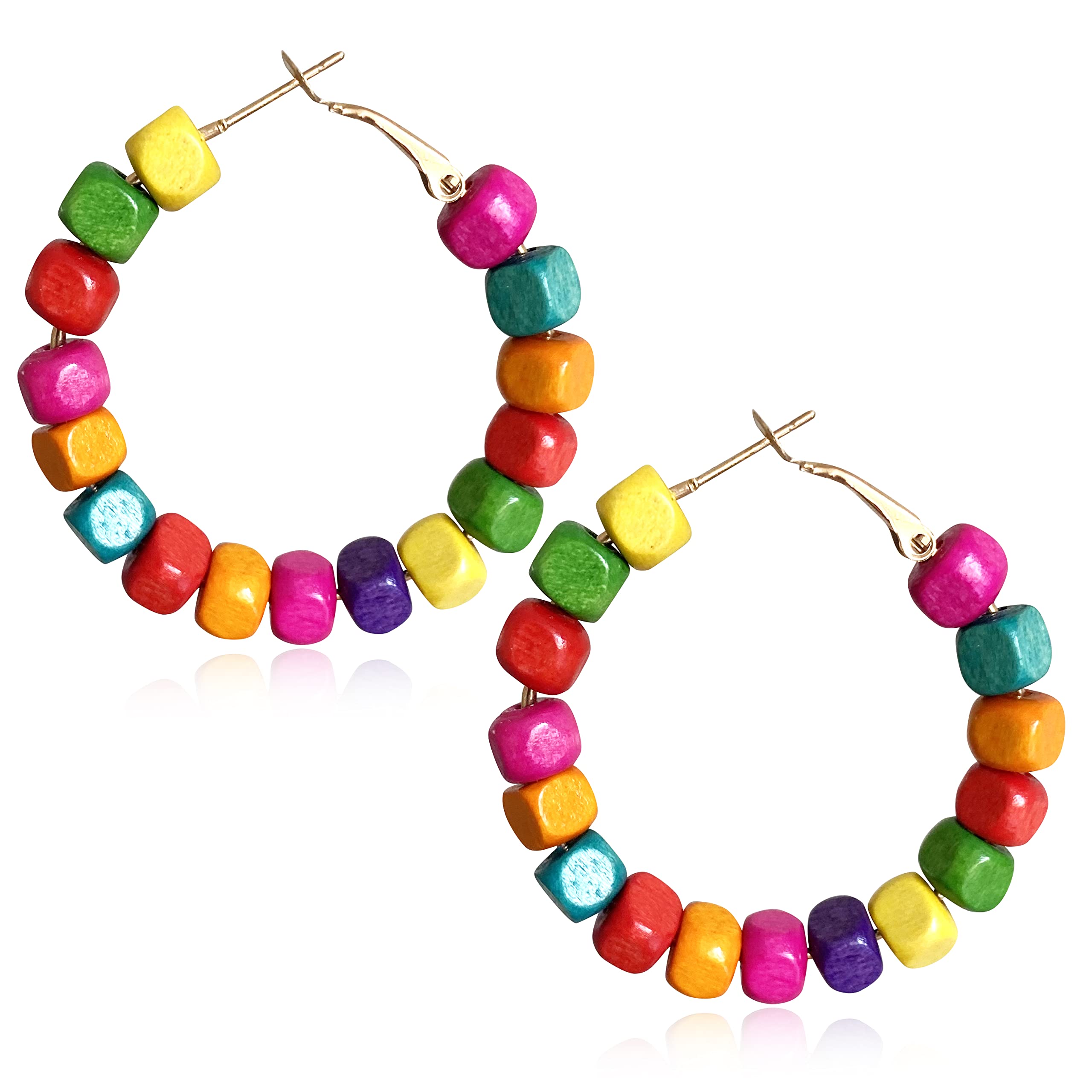 Handmade Nature Wooden Beaded Hoop Earrings Bohemian Minimalist Colorful Circle Round Wood Bead Earrings Vintage Chic Wooden Ethnic Dangle Drop Earrings for Women Statement Jewelry Gifts