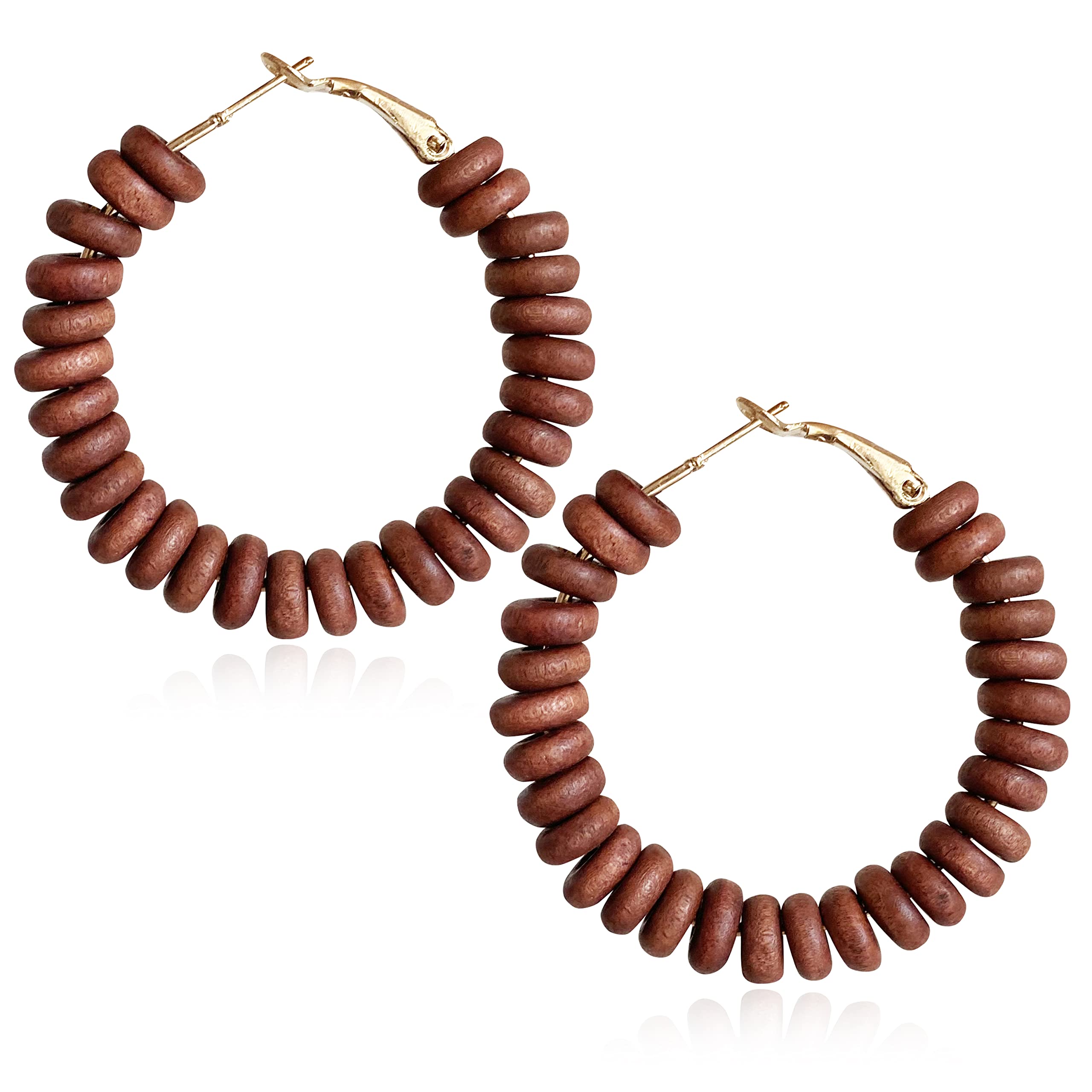 Handmade Nature Wooden Beaded Hoop Earrings Bohemian Minimalist Colorful Circle Round Wood Bead Earrings Vintage Chic Wooden Ethnic Dangle Drop Earrings for Women Statement Jewelry Gifts