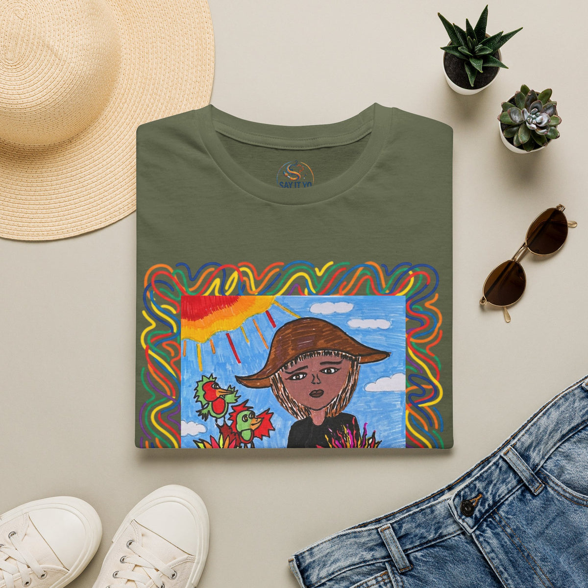 Artistic Sunflower Girl T-Shirt — Colorful Hand-Drawn Floral Tee