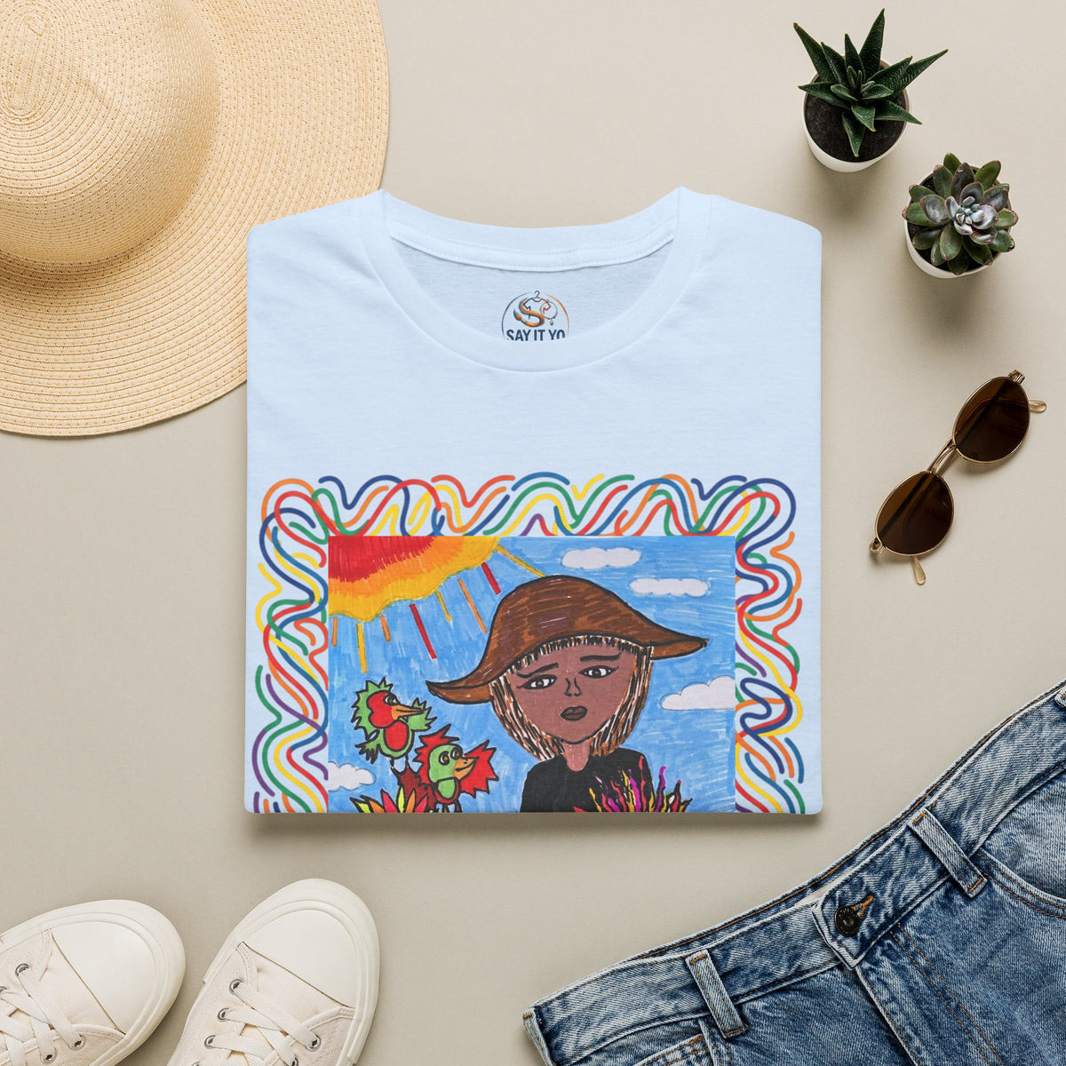 Artistic Sunflower Girl T-Shirt — Colorful Hand-Drawn Floral Tee
