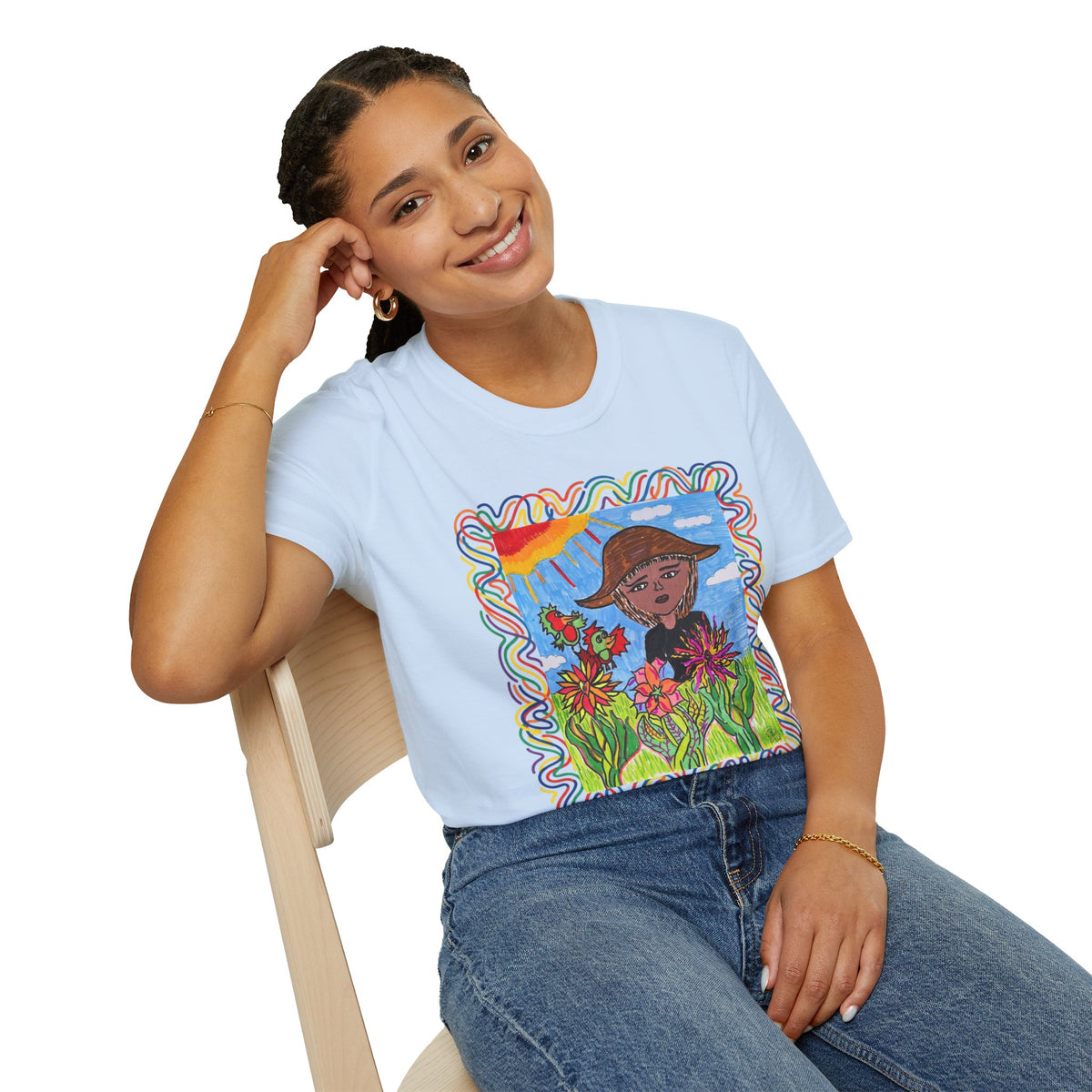 Artistic Sunflower Girl T-Shirt — Colorful Hand-Drawn Floral Tee