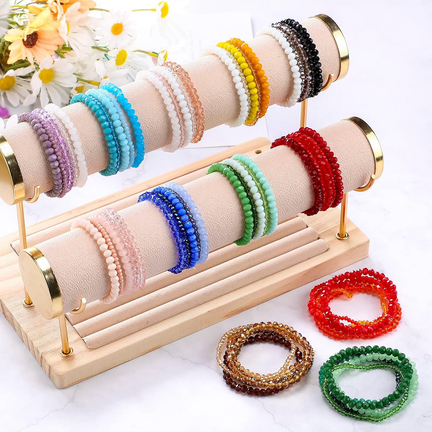 Junkin 60 Pcs Crystal Beaded Bracelets Bulk for Women Bohemian Multi Layer Stacking Statement Stretchy Strand Crystal Bead Bracelets Versatile Slip on Shiny