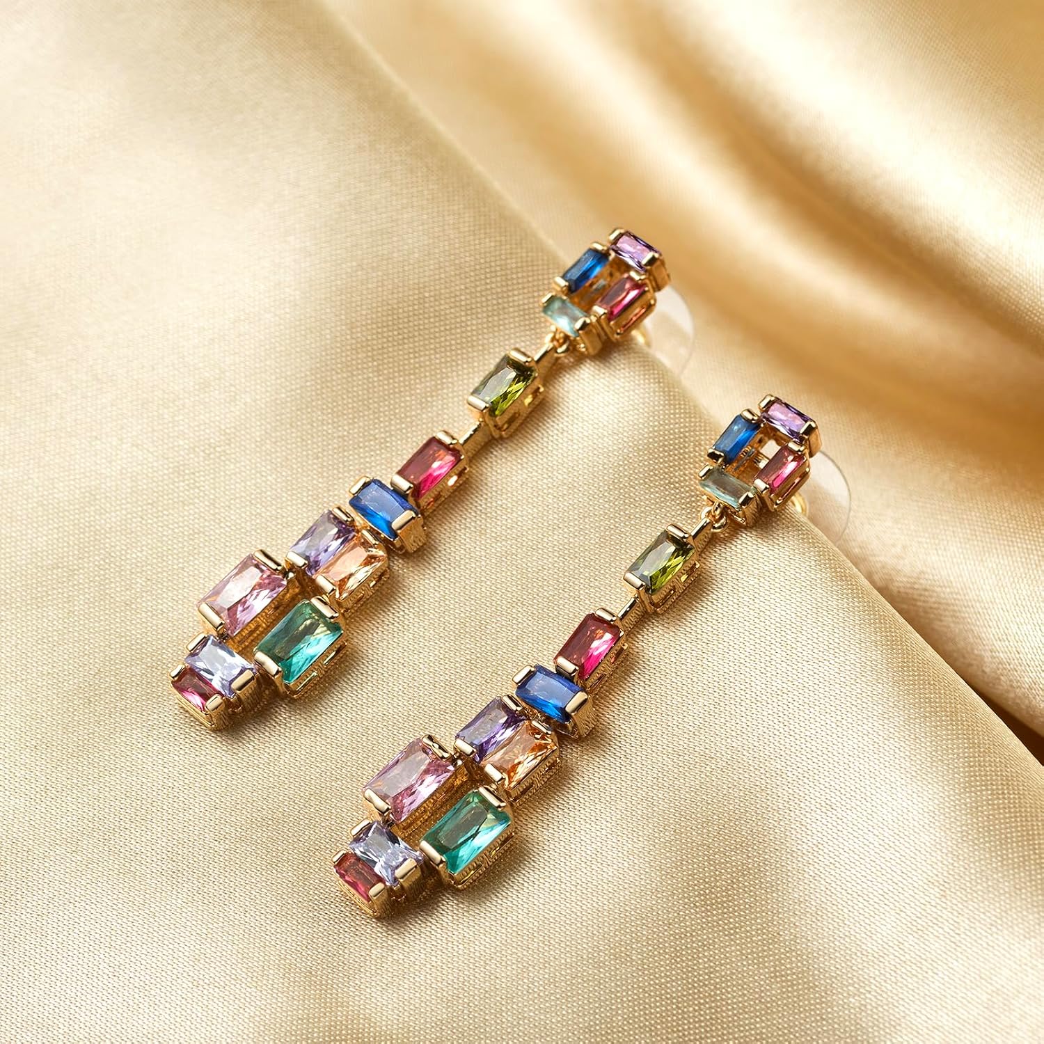 Multicolor Rainbow Crystal Long dangle Earrings for women Cubic Zirconia Square Gem Statement Drop Earrings for Prom Party Wedding Daily Wear