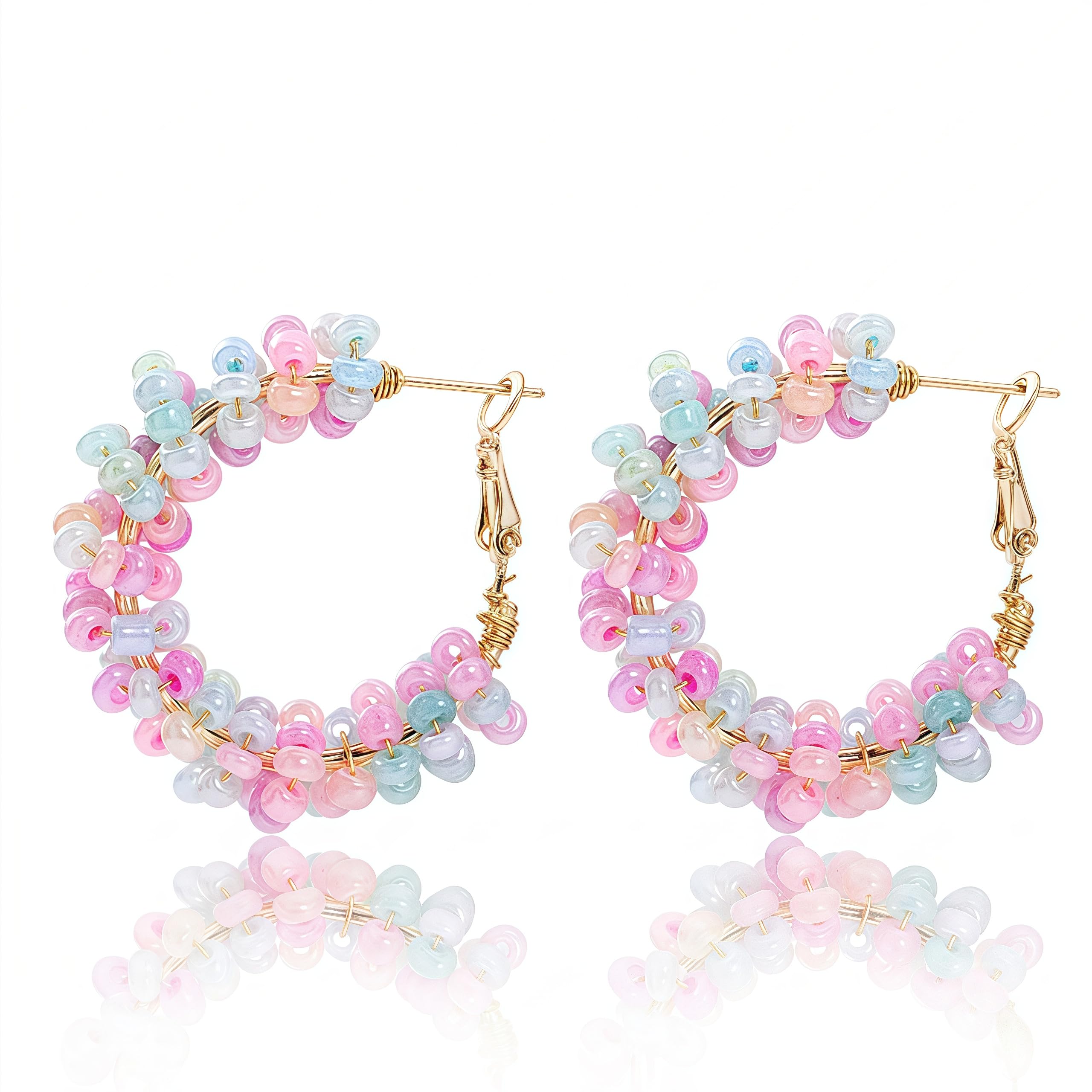 Colorful Fun Beaded Earrings for Women，Boho Flower Hoop Earrings，Exquisite Handmade Beaded Earrings