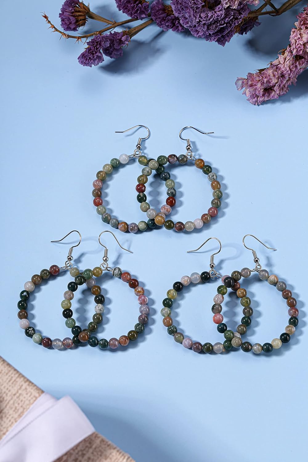 Jovivi Amethyst Rose Quartz Healing Crystals Beads Earrings Real Natural Stones Gemstone Hoop Dangle Earrings Reiki Quartz Jewelry for Women