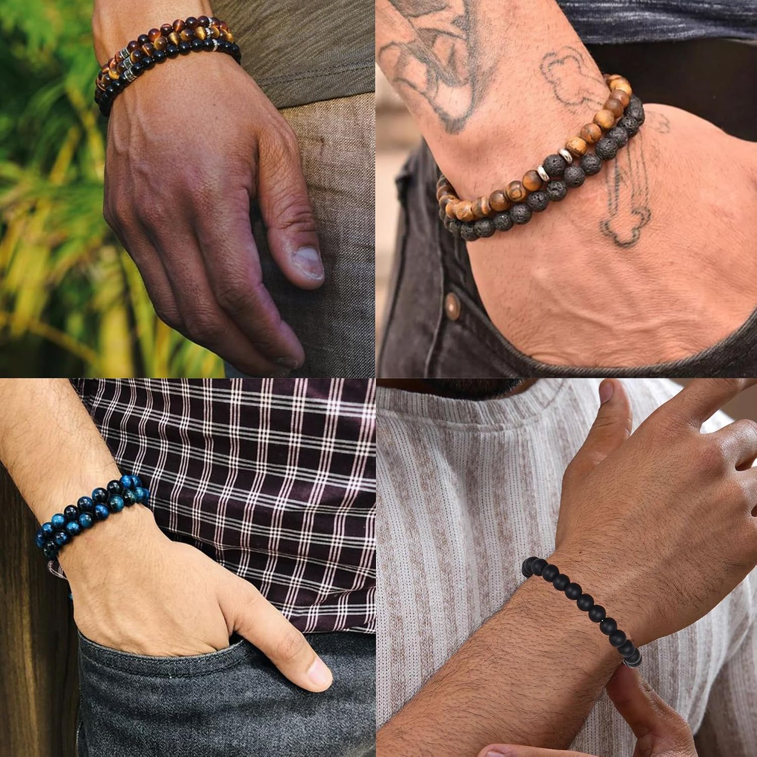 FIRAZIO 10 Pcs Tiger Eye Bracelet For Men 8MM Natural Stone Beads Bracelet Set Stretch Lava Rock Bracelets Adjustable Black Crystal Beaded Bracelet for Men Women Gifts