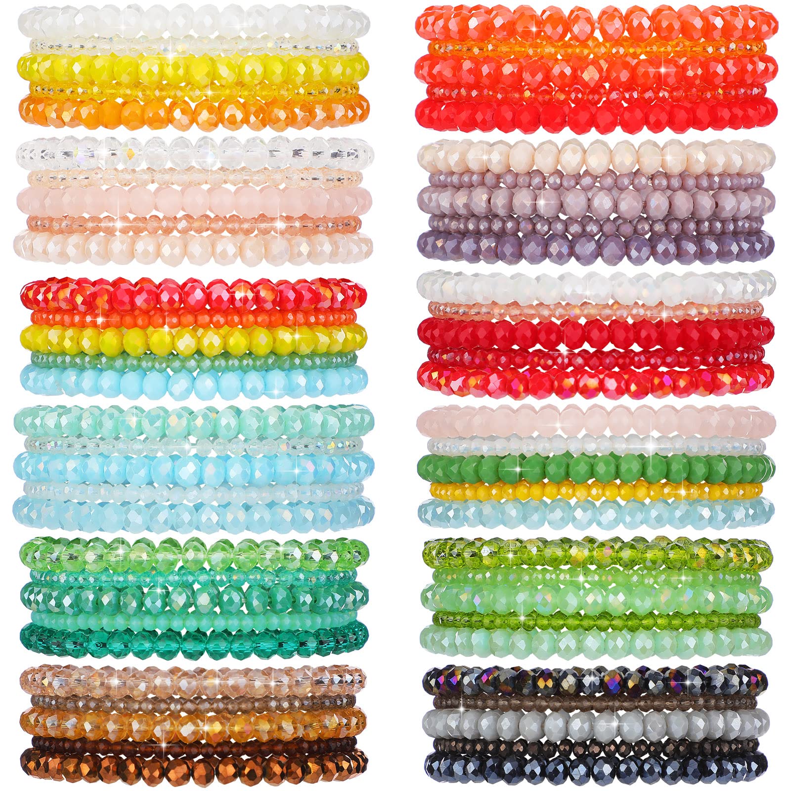 Junkin 60 Pcs Crystal Beaded Bracelets Bulk for Women Bohemian Multi Layer Stacking Statement Stretchy Strand Crystal Bead Bracelets Versatile Slip on Shiny