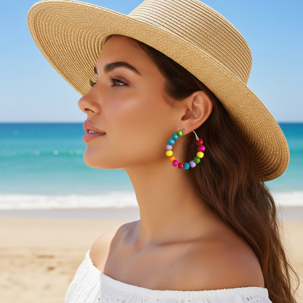 Handmade Nature Wooden Beaded Hoop Earrings Bohemian Minimalist Colorful Circle Round Wood Bead Earrings Vintage Chic Wooden Ethnic Dangle Drop Earrings for Women Statement Jewelry Gifts