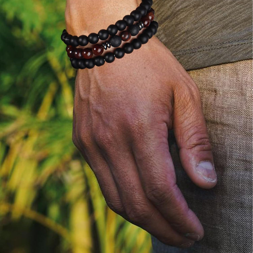FIRAZIO 10 Pcs Tiger Eye Bracelet For Men 8MM Natural Stone Beads Bracelet Set Stretch Lava Rock Bracelets Adjustable Black Crystal Beaded Bracelet for Men Women Gifts