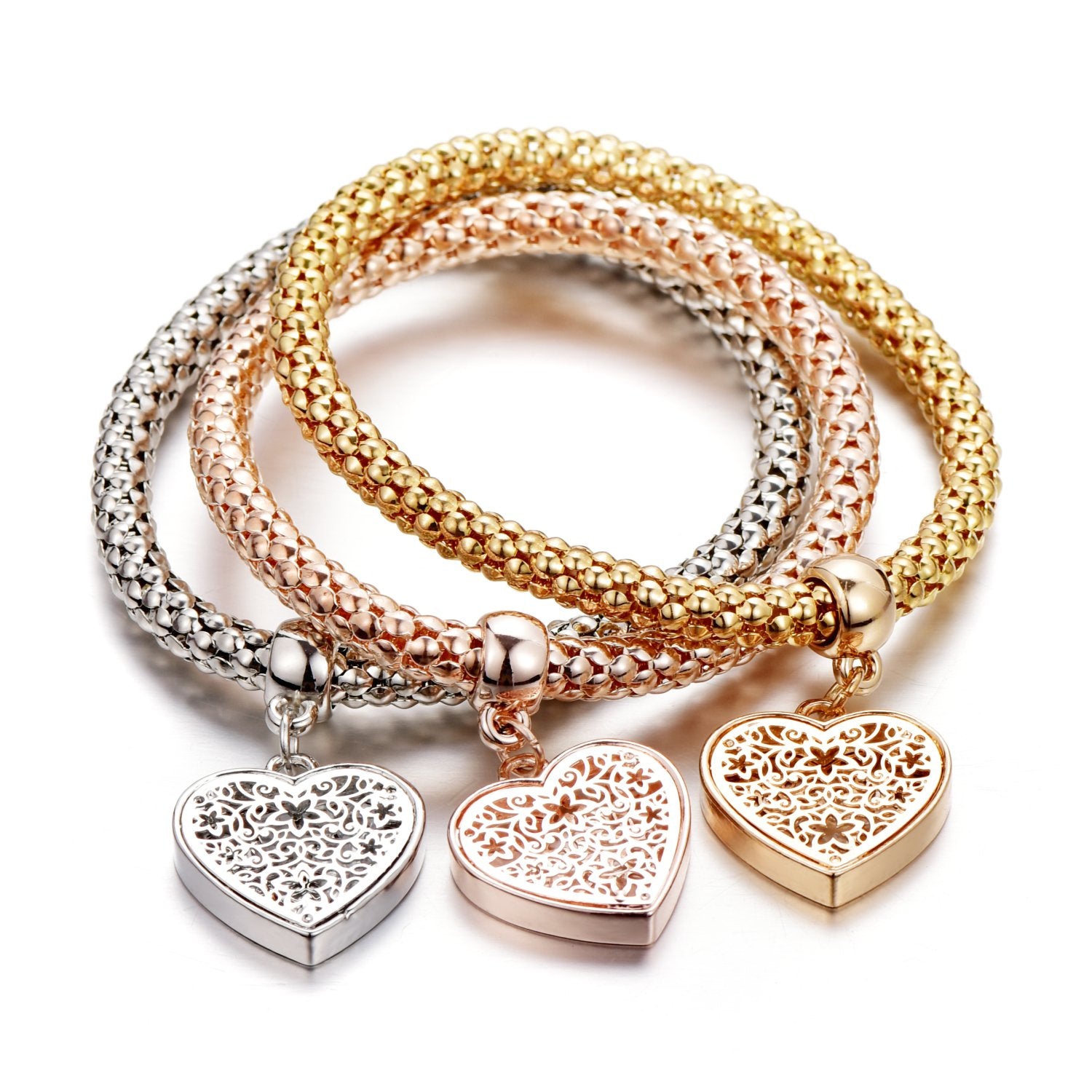 SILANER Crystal Charms Multilayer Bracelets - 3PCS Gold/Silver/Rose Gold Corn Chain Bracelet for Women, Tree of Life Heart Shaped Stretch Bracelet