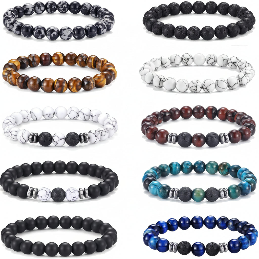 FIRAZIO 10 Pcs Tiger Eye Bracelet For Men 8MM Natural Stone Beads Bracelet Set Stretch Lava Rock Bracelets Adjustable Black Crystal Beaded Bracelet for Men Women Gifts
