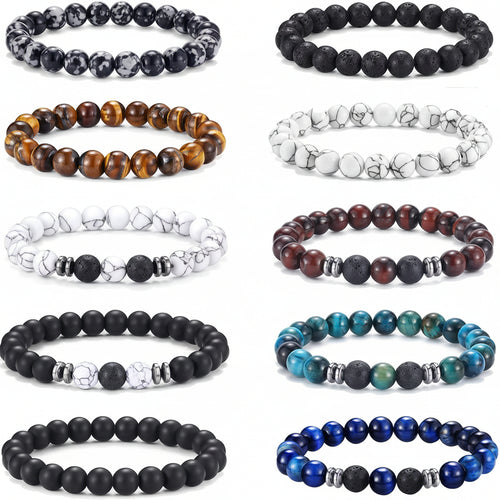FIRAZIO 10 Pcs Tiger Eye Bracelet For Men 8MM Natural Stone Beads Bracelet Set Stretch Lava Rock Bracelets Adjustable Black Crystal Beaded Bracelet for Men Women Gifts